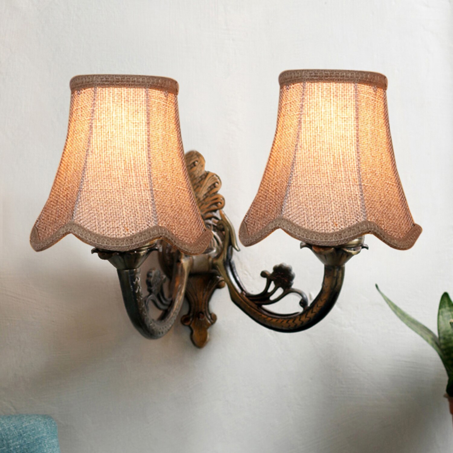 Devansh Dual Gold  Antique Wall Mounted Lamp With Beige Jute Shade