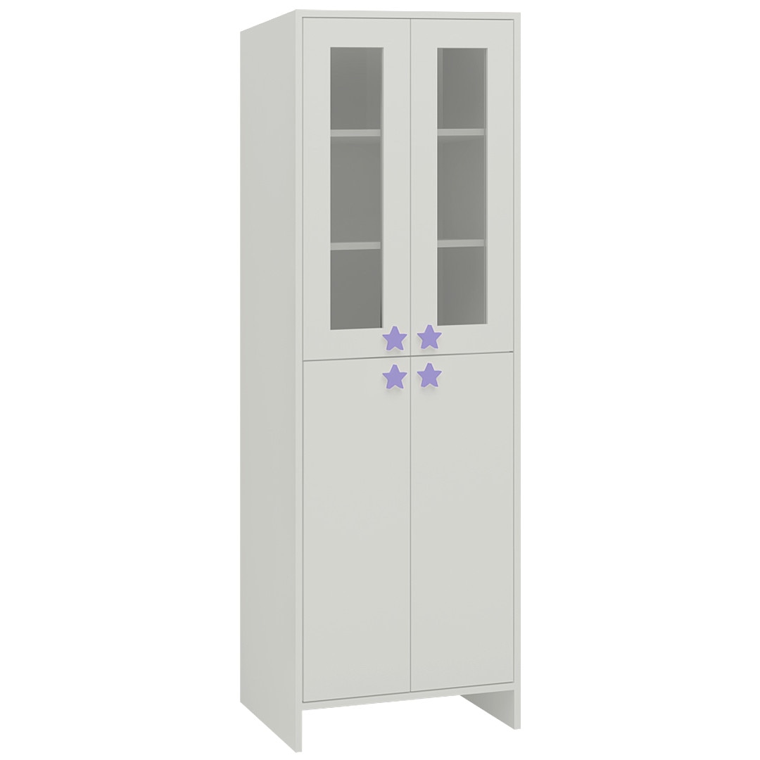 Renata Large Bookshelf cum Storage Cabinet with Toughened Glass Doors and Star Shaped Knobs in Ivory Persian Lilac Colour