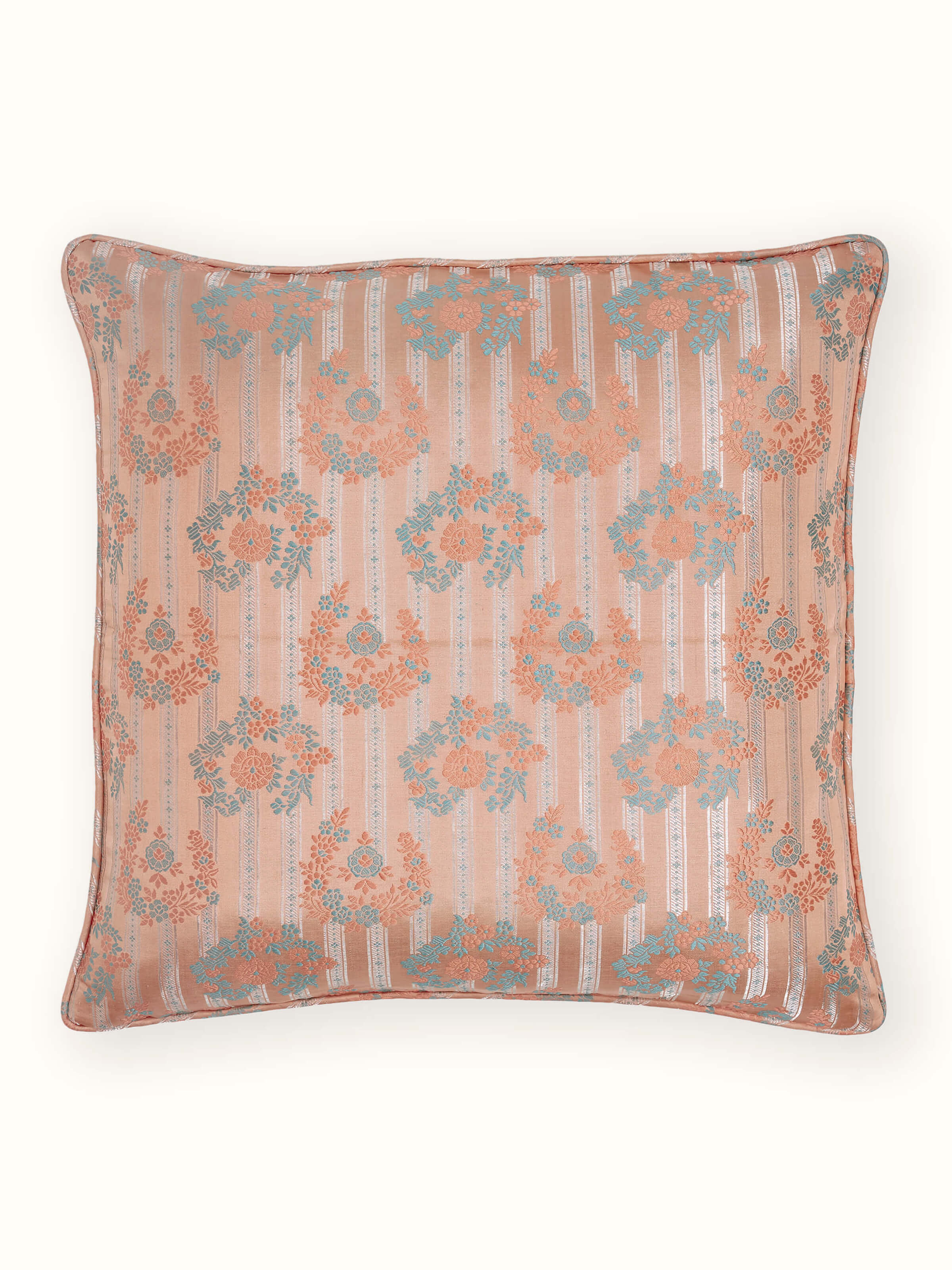 Matsya Peach All-over Silk Banarasi Brocade Handloom Cushion Cover