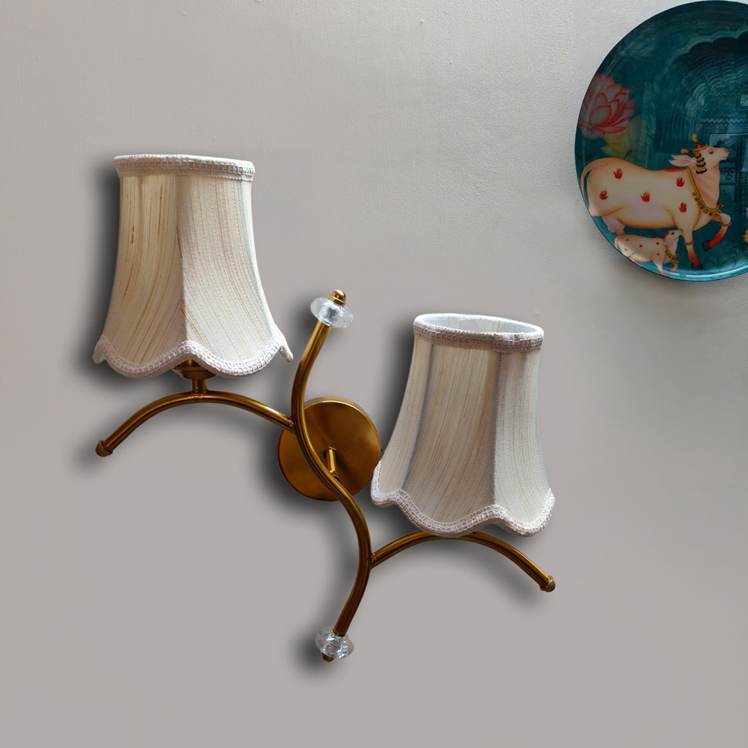 Devansh Metal Electric Wall Light in Gold Colour with off-white Shade Count of 2 Lights - Devansh