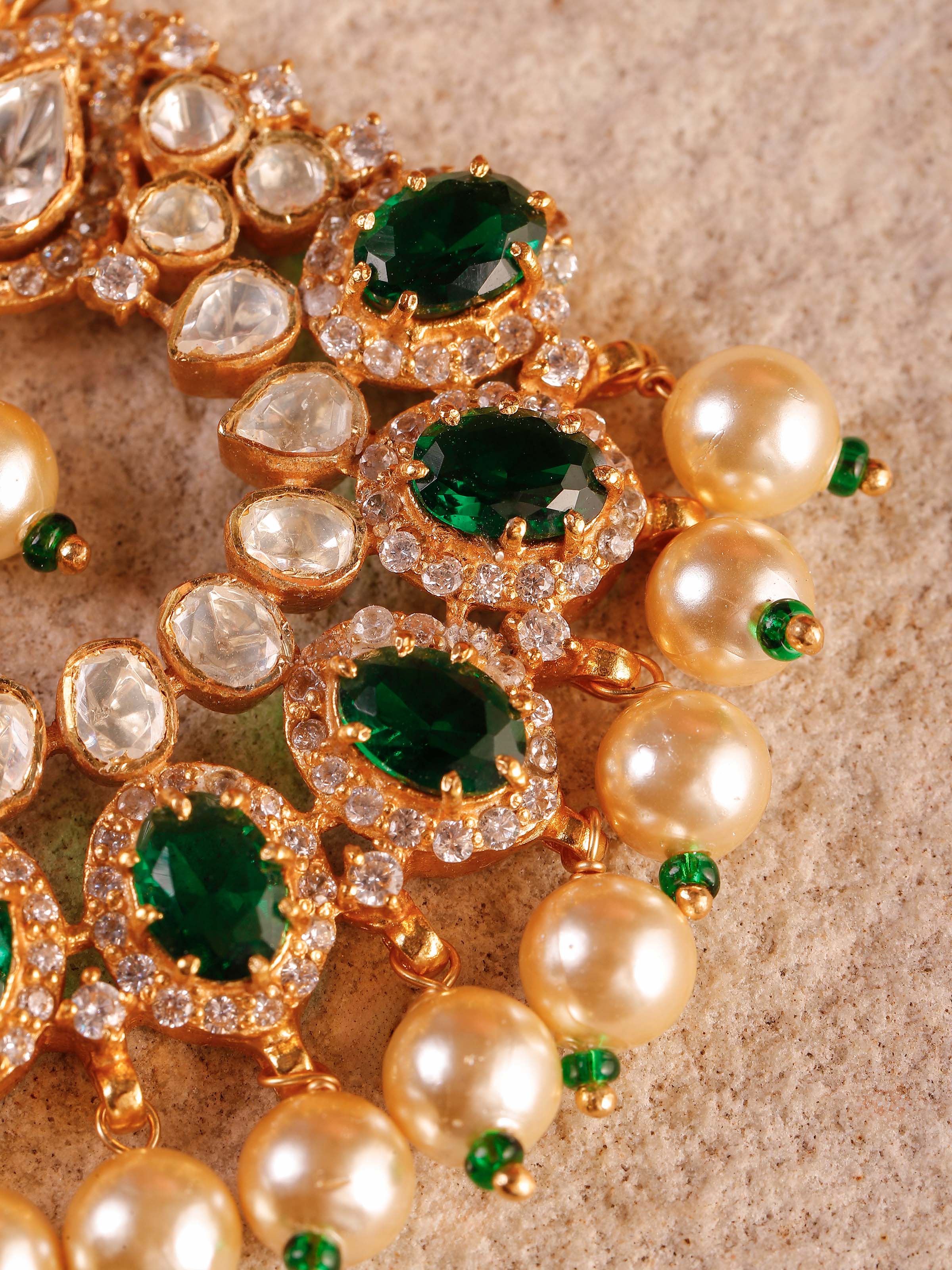 Detail shot of dank polki silver maang tika