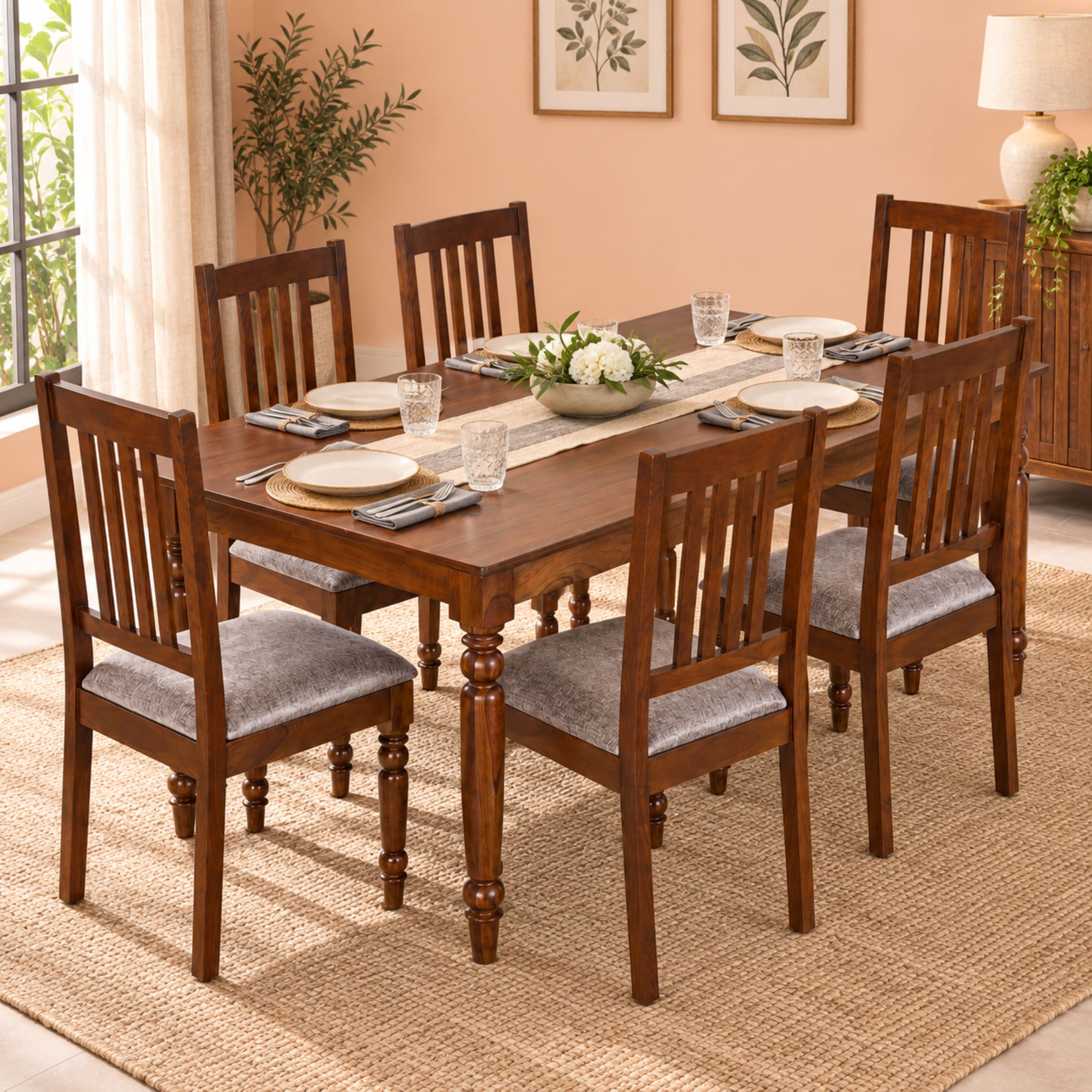 Globally Indian Maelle Solid Sheesham Wood 6 Seater Dining Table Set 6 Chairs Terracotta Orange