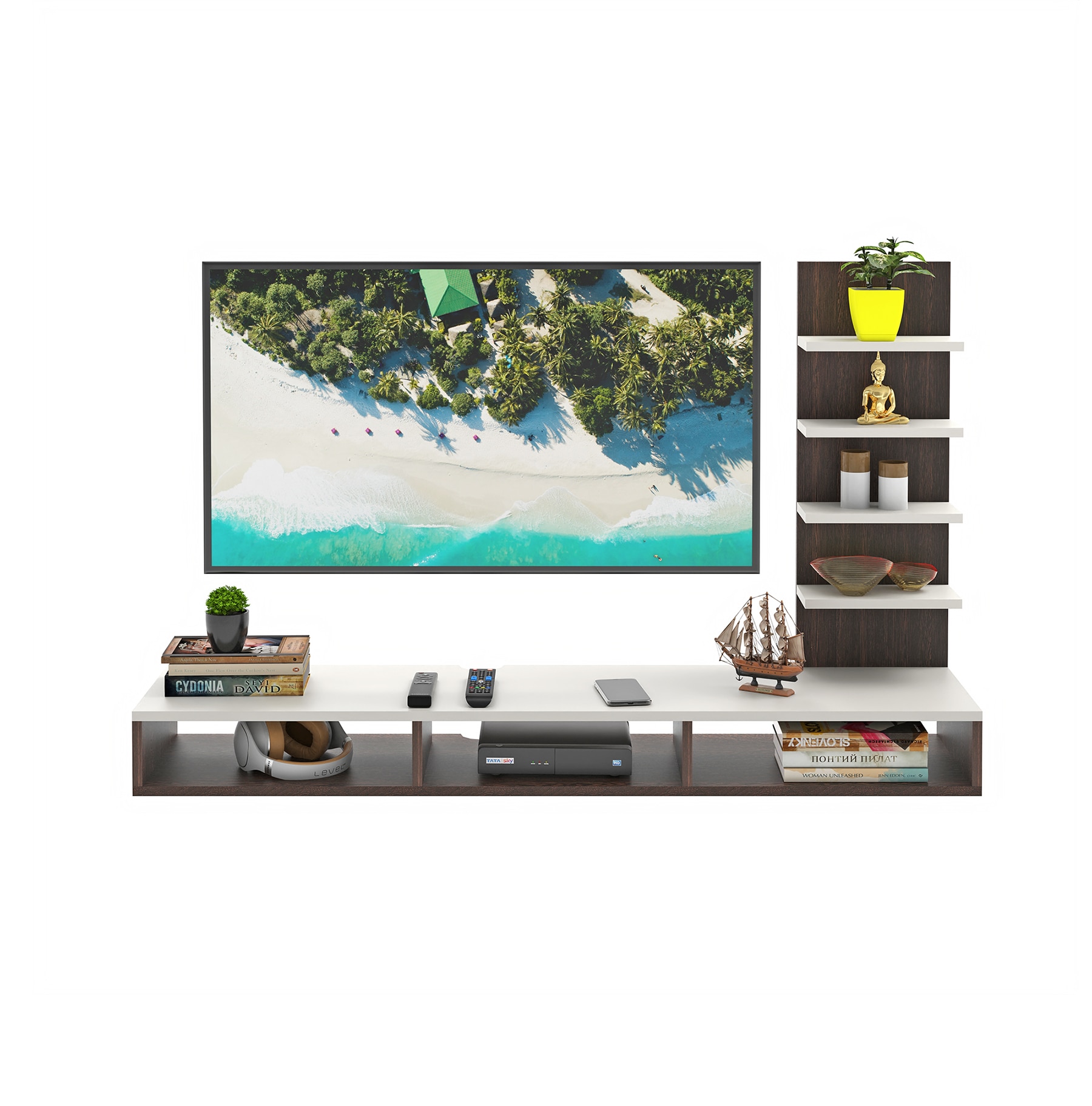 BLUEWUD Primax Standard Engineering Wood Wall Mount TV Entertainment Unit Set Top Box Stand/TV Cabinet Panel with Shelves for Books & D�cor Display Unit, Ideal for 42" (Wenge& White)