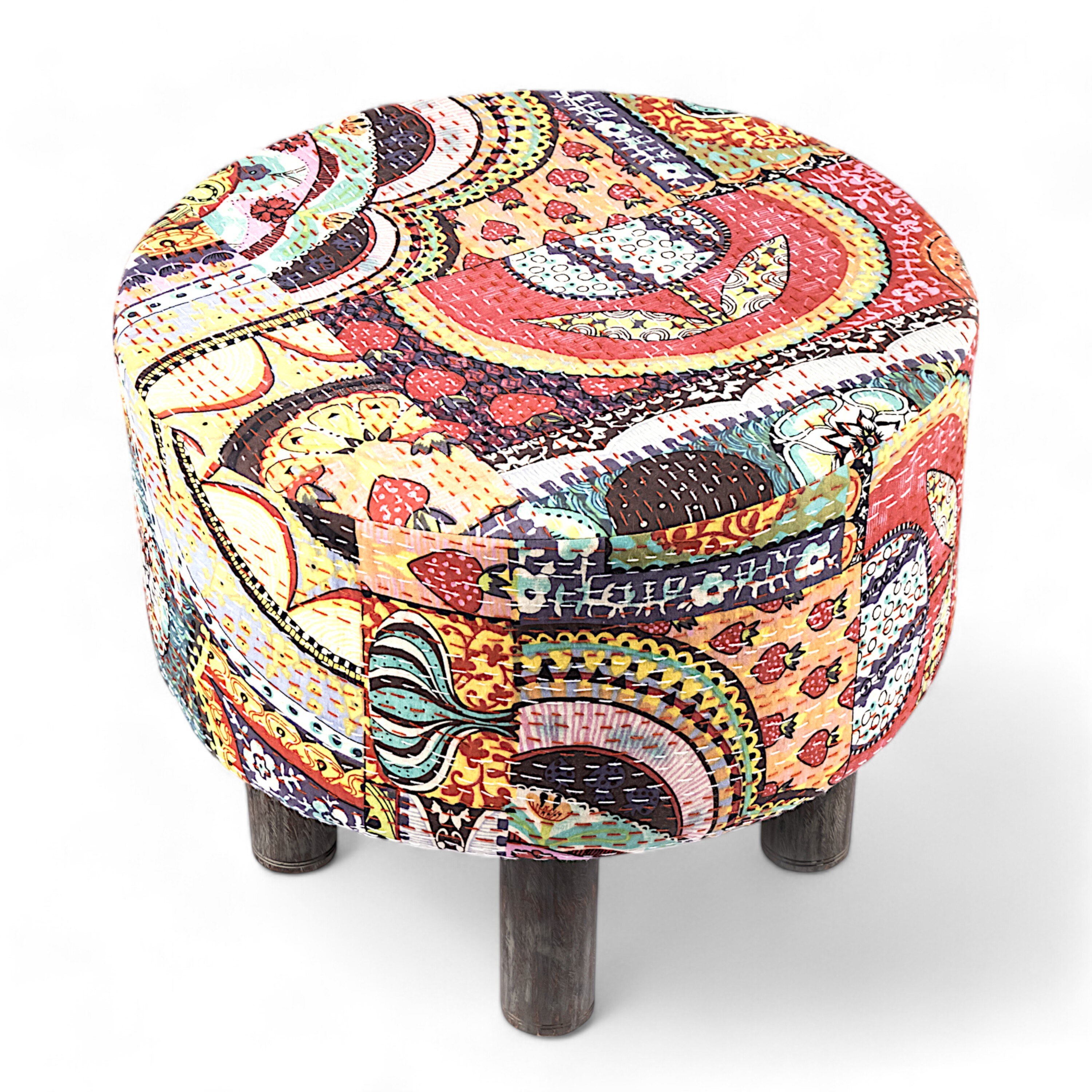 Collio Solid Wood Pouffee in Multicolour Patch Kantha Fabric