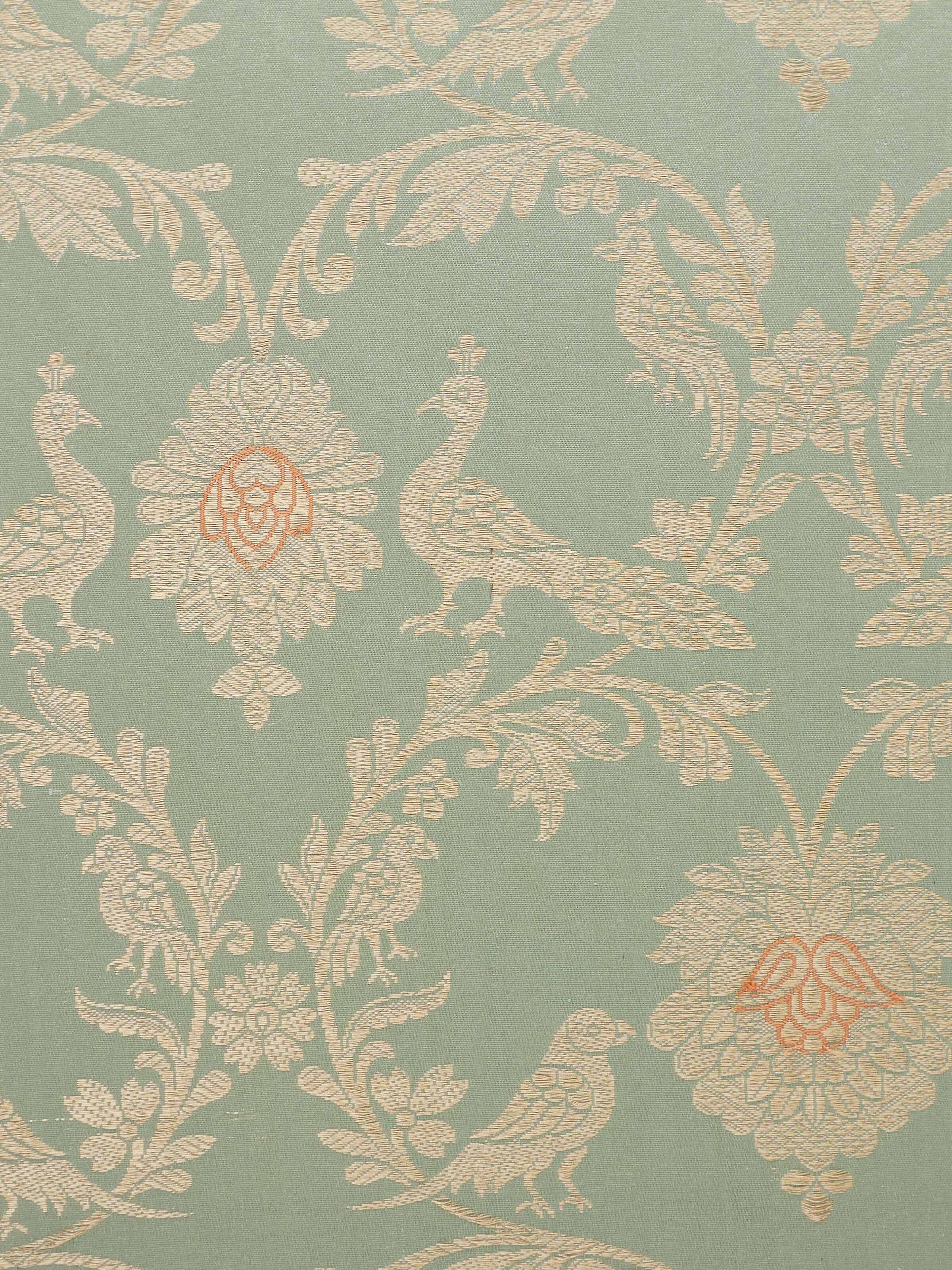 Side detail showing intricate Banarasi weave in pista green hue.