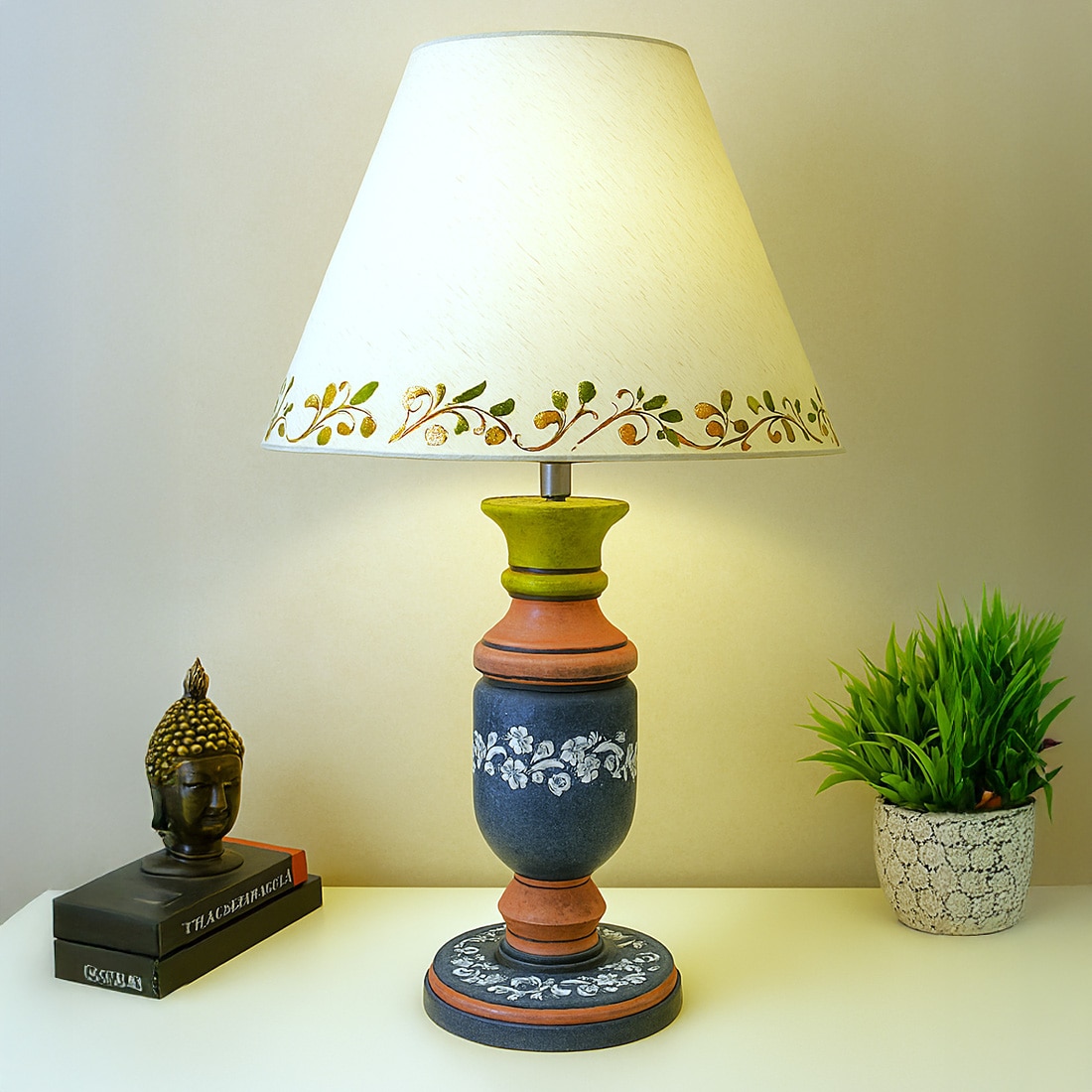 Multicolor Stone Finish Handpainted And Hancarved Distress Wooden Table Lamp - Disoo Fashions