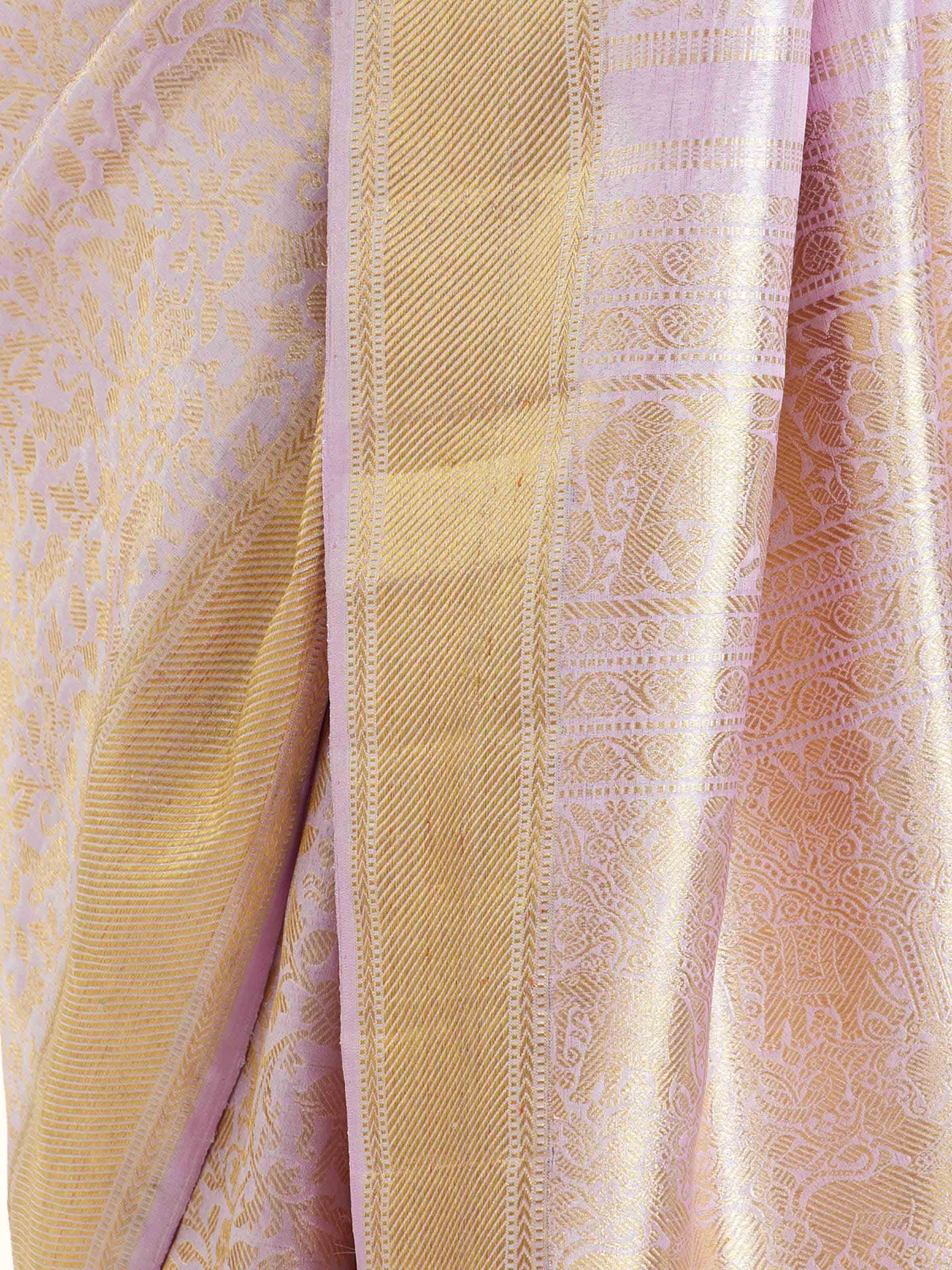 Detail view of lavender silk Kancheepuram saree showing silk texture and zari work