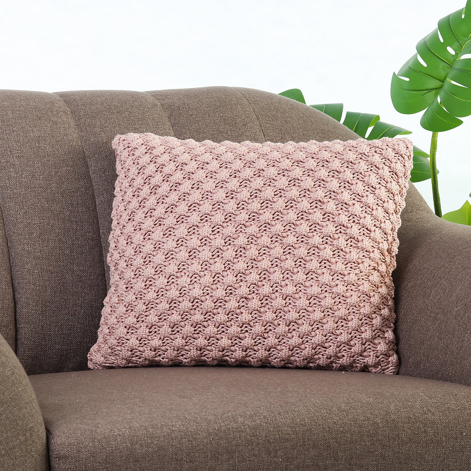 Popcorn Knit Cameo Pink Cushion Cover 16X16  Inches - Pluchi
