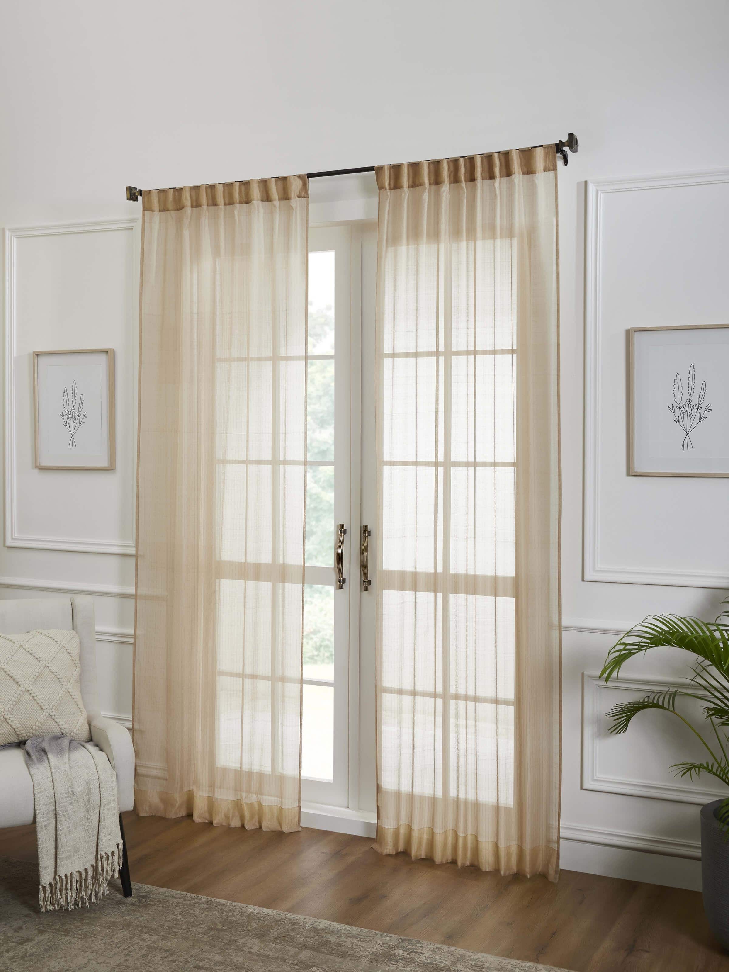 Pragya Beige Maheshwari Handloom Metallic Stripe Sheer Curtain (9 Ft)