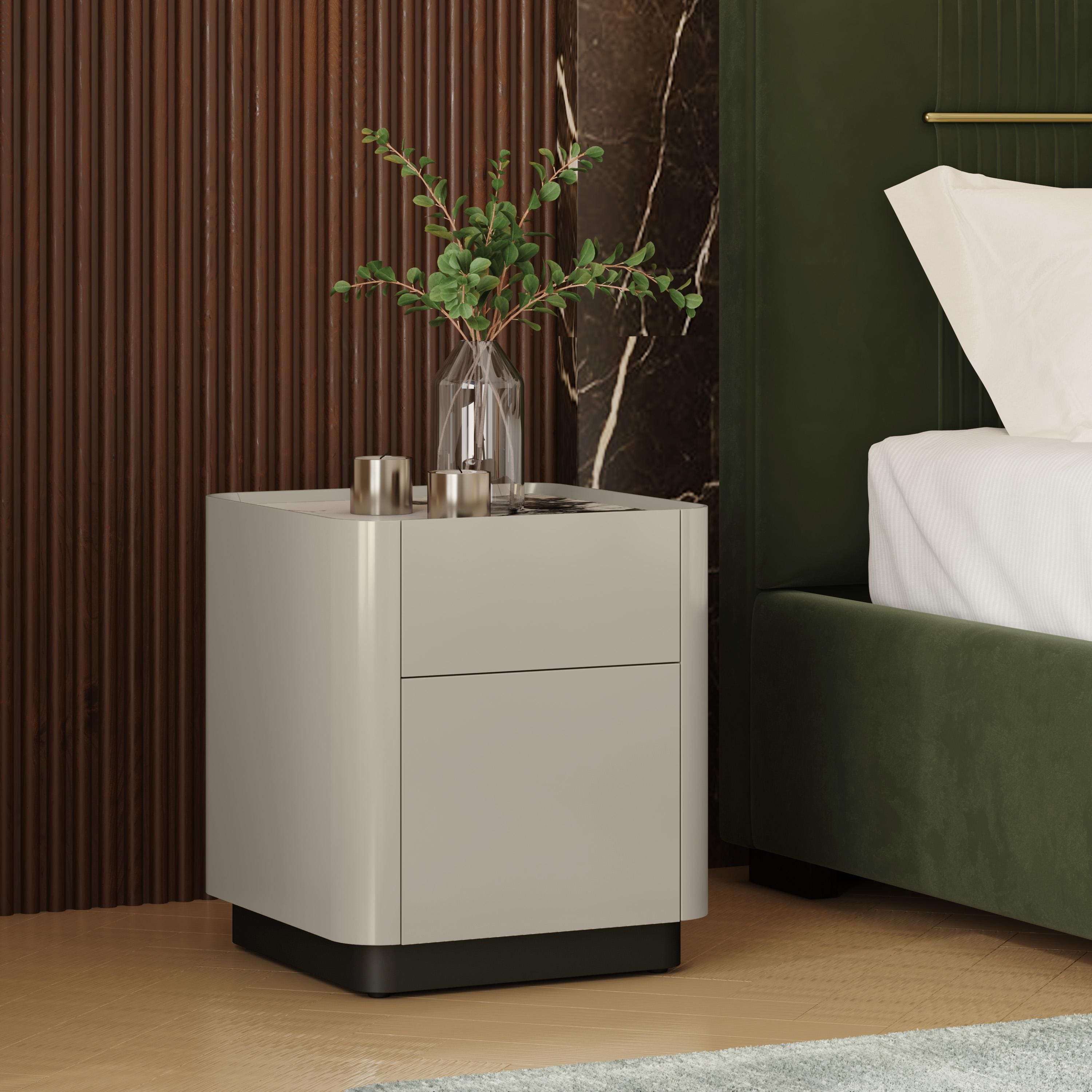 Dorian Engineered Wood Bedside Table With Ceramic Top In Taupe High Gloss Finish