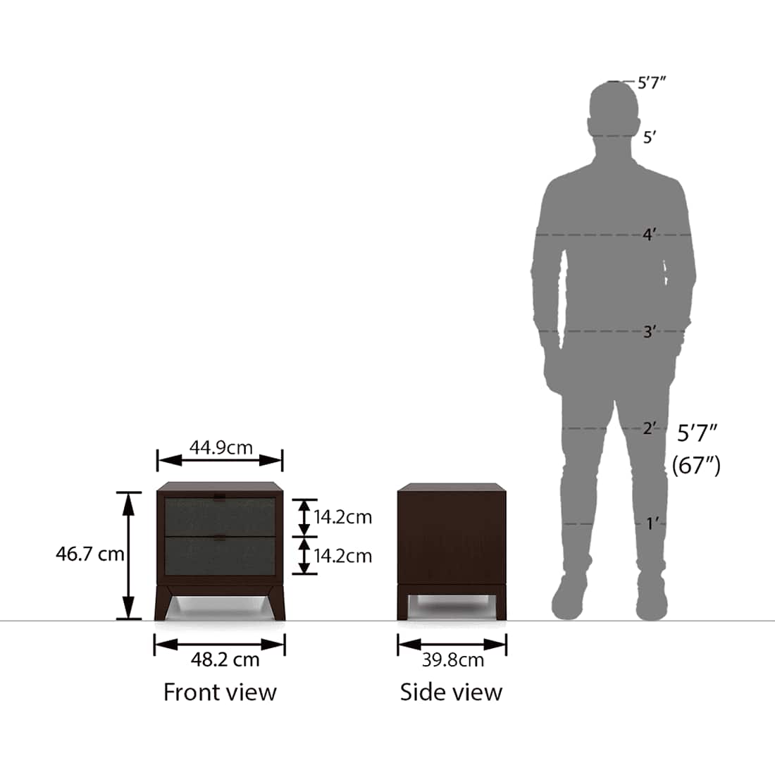 Martino Upholstered Solid Wood Bedside Table in Dark Walnut Finish