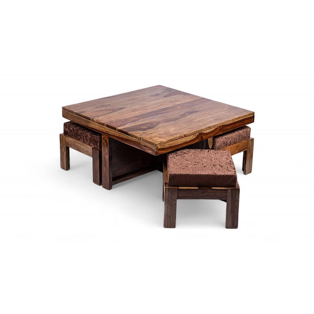 Blane Sheesham Wood 4 Seater Coffee Table Set In Teak Finish Brown Sparkle Velvet Cushion