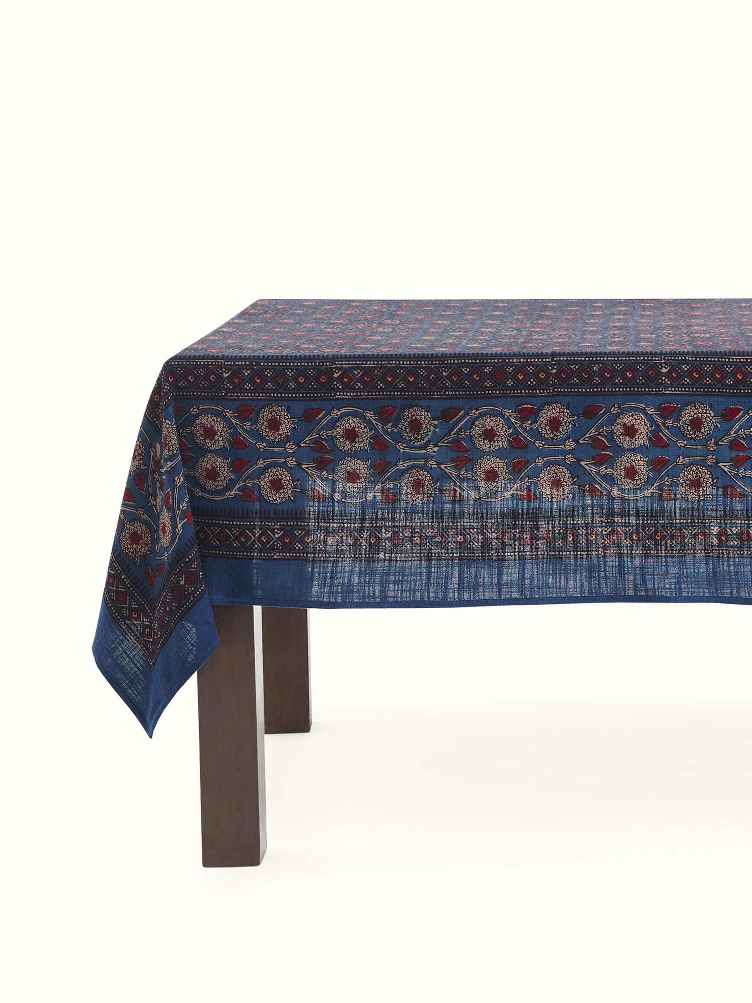 Puspita Indigo Cotton Dabu Hand Block Printed Table Cover 6 Seater