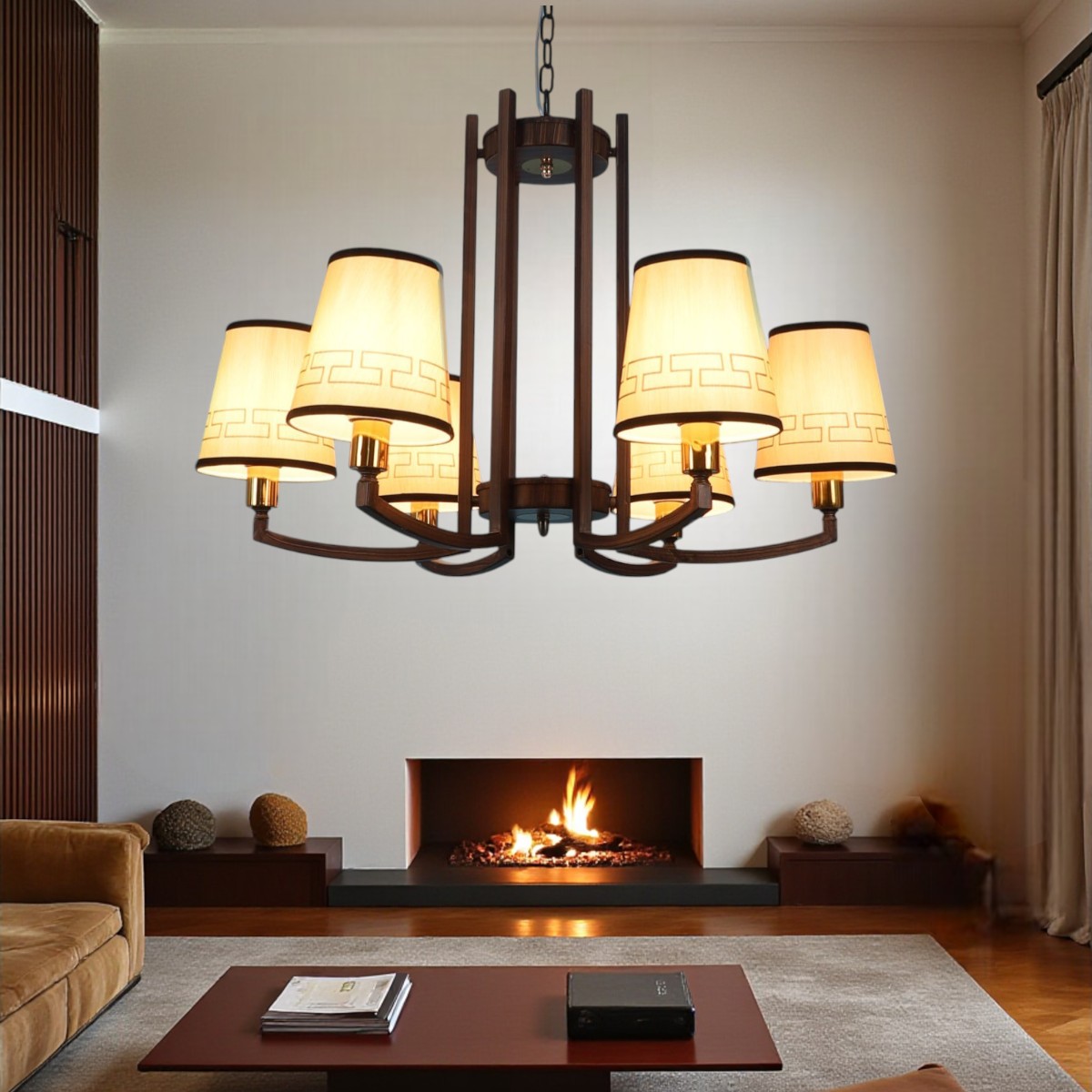 Eliante Chandelier 6-Light Mild Steel With Fabric Shade Modern Hanging Ceiling Light - Eliante