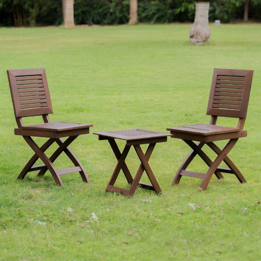 Alfresco Solid Wood Outdoor Folding Square Table with Two Square Chairs in Brown Colour - Orange Tree