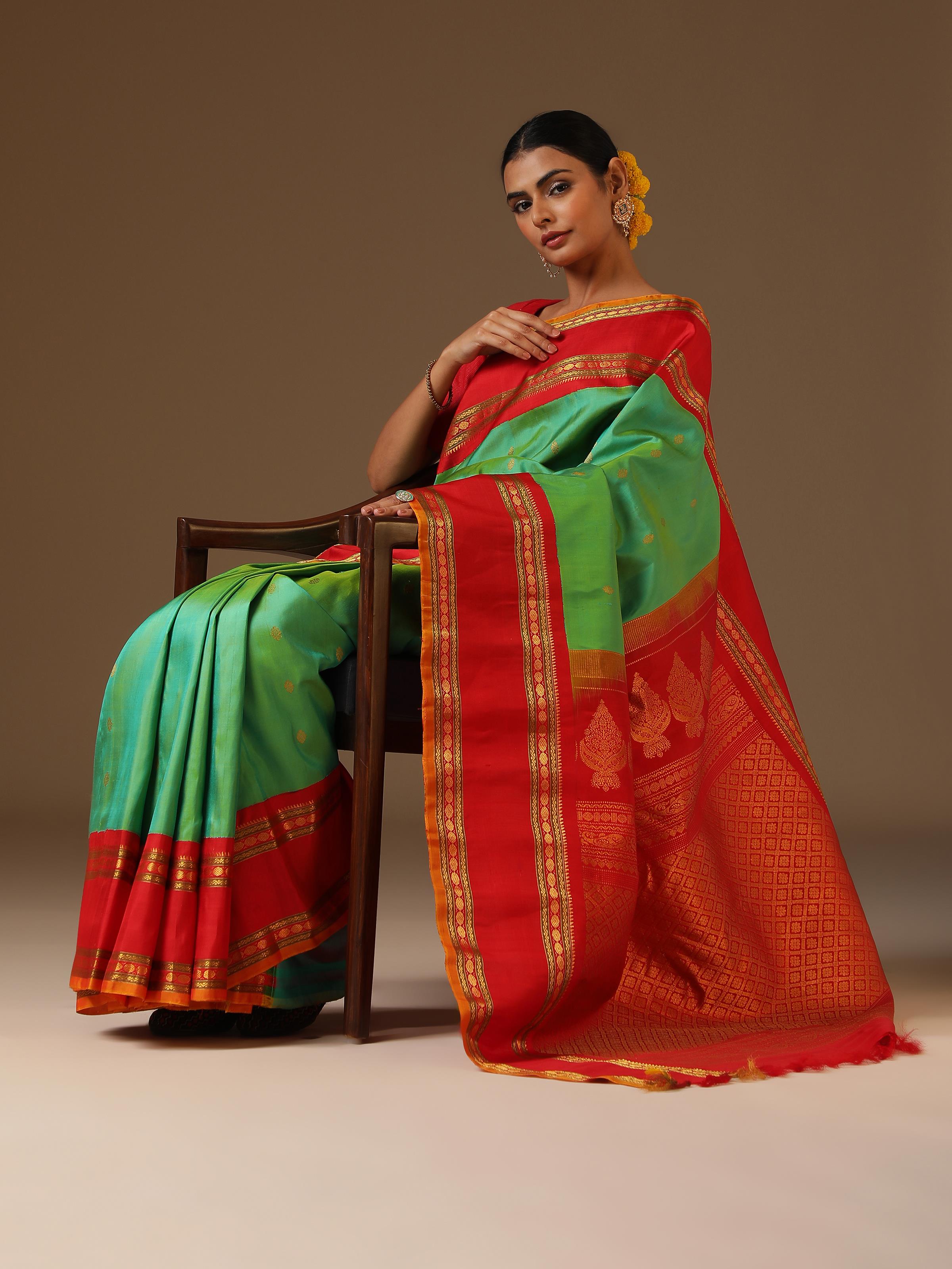 Lifestyle image showing the traditional drape and lustrous texture.