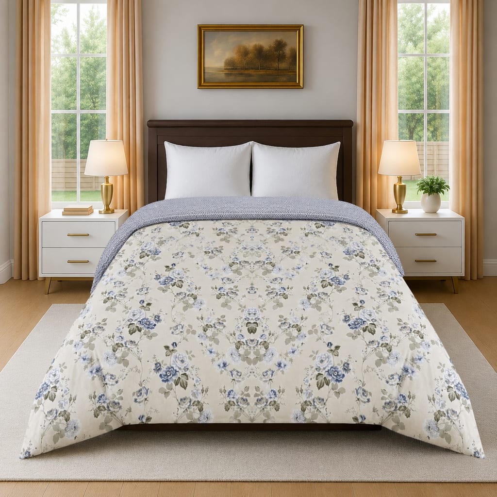 White Floral 300 GSM Cotton Double Bed Size Comforter from Threads - Threads