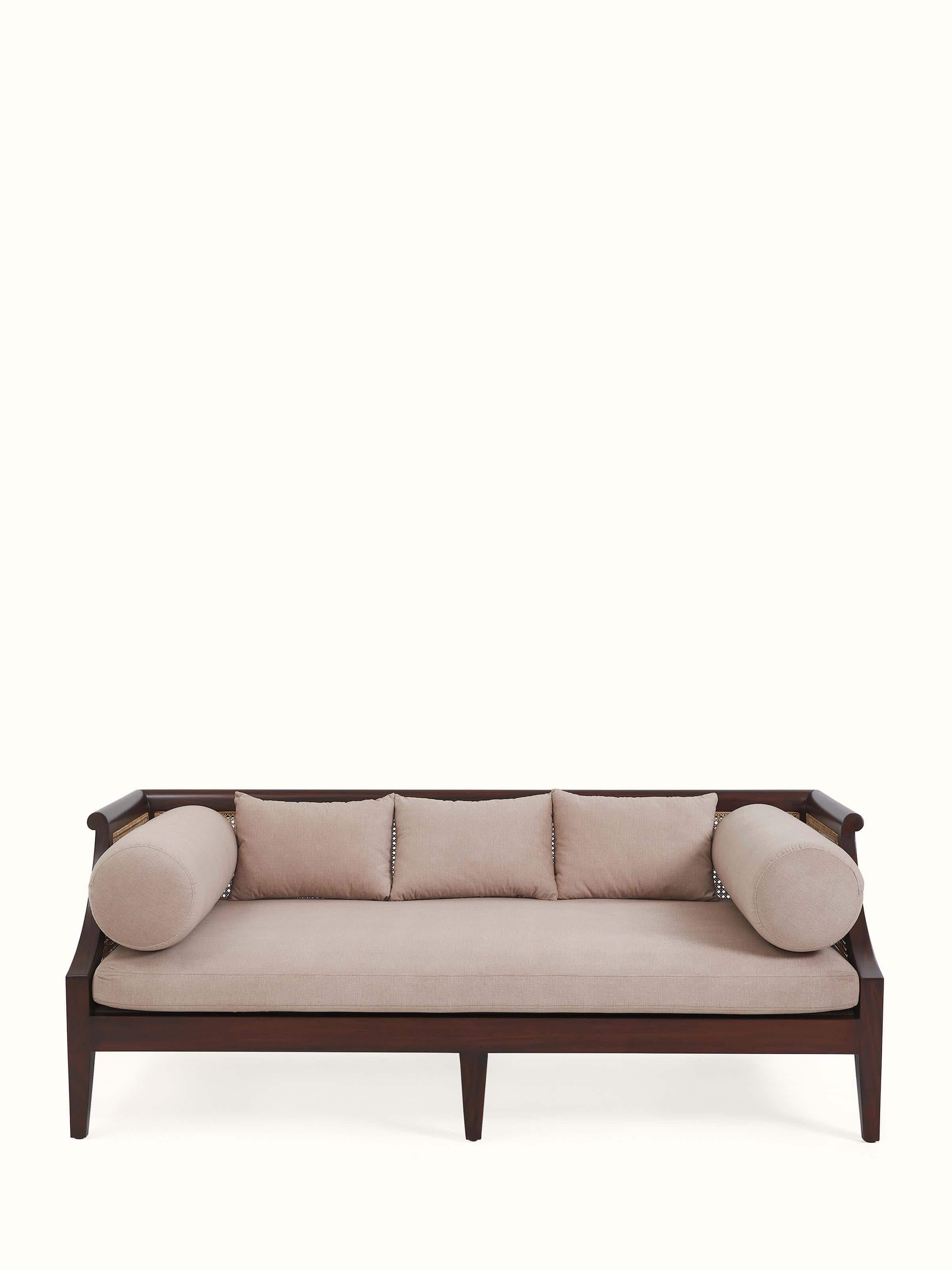 Front view of Upholstered Mahogany Wood 3-Seater Sofa showcasing plush upholstery and rich mahogany wood frame.