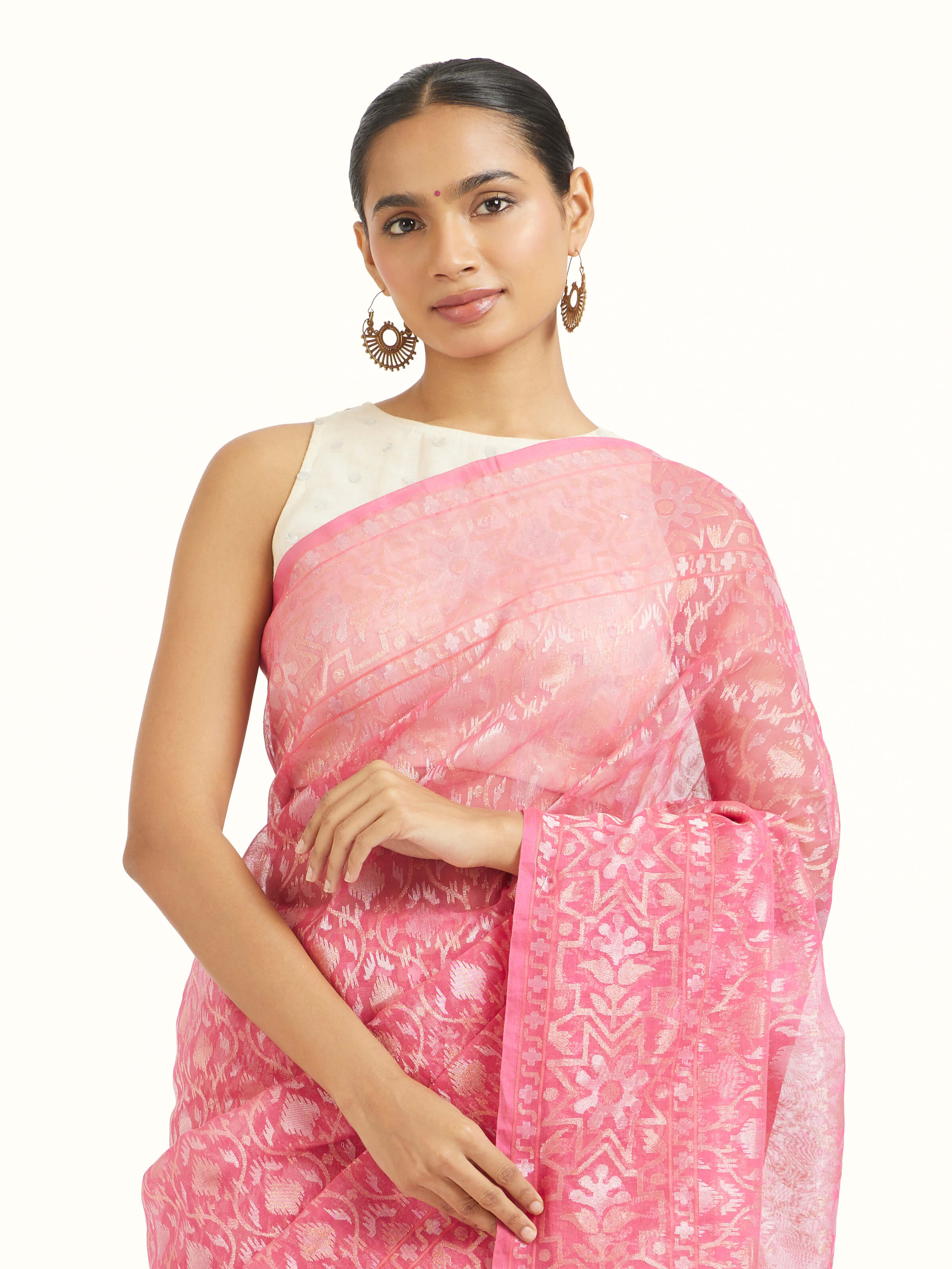 Orange Cotton Awadh Jamdani Banarasi Saree