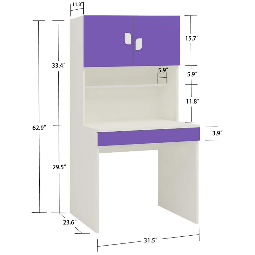 Corolla Kids Study Desk with Drawer Built In Bookshelf and Petal Handles in Lavender Purple Colour