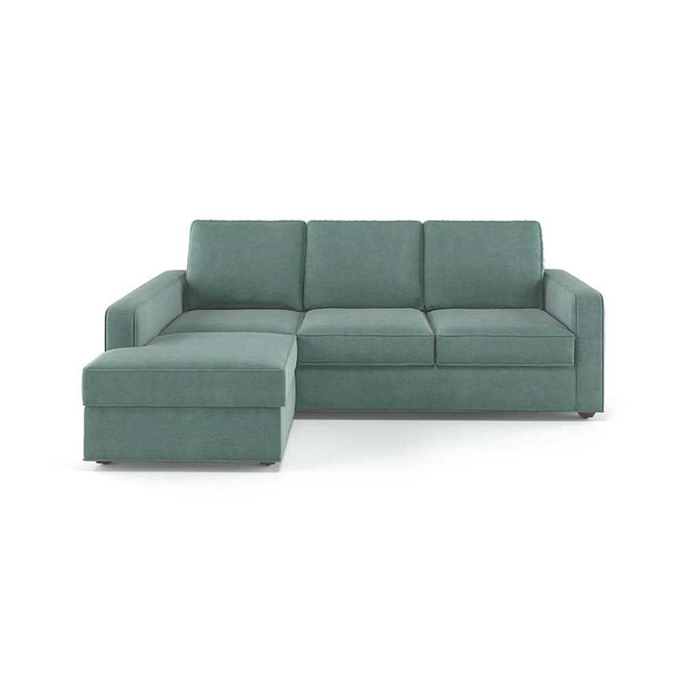 Apollo Sofa (Colour : Dusty Turquoise Velvet, Cushion : Soft, Back Type : Regular, Seating Capacity : Left Aligned 2 Seater + Left Aligned Chaise + Ottoman) - Urban Ladder