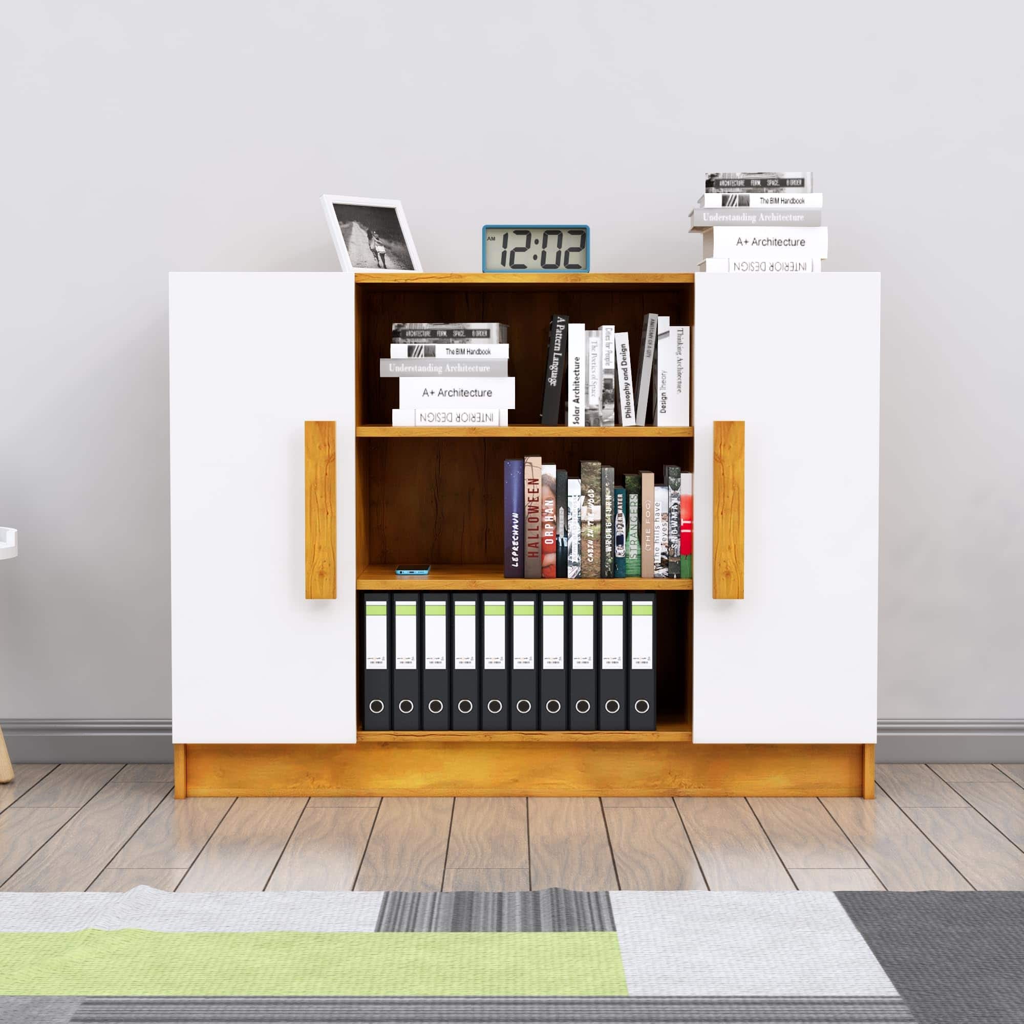 Hexa Engineered Wood Bookshelf in Giant Wood and Frosty White Colour - HexaRed