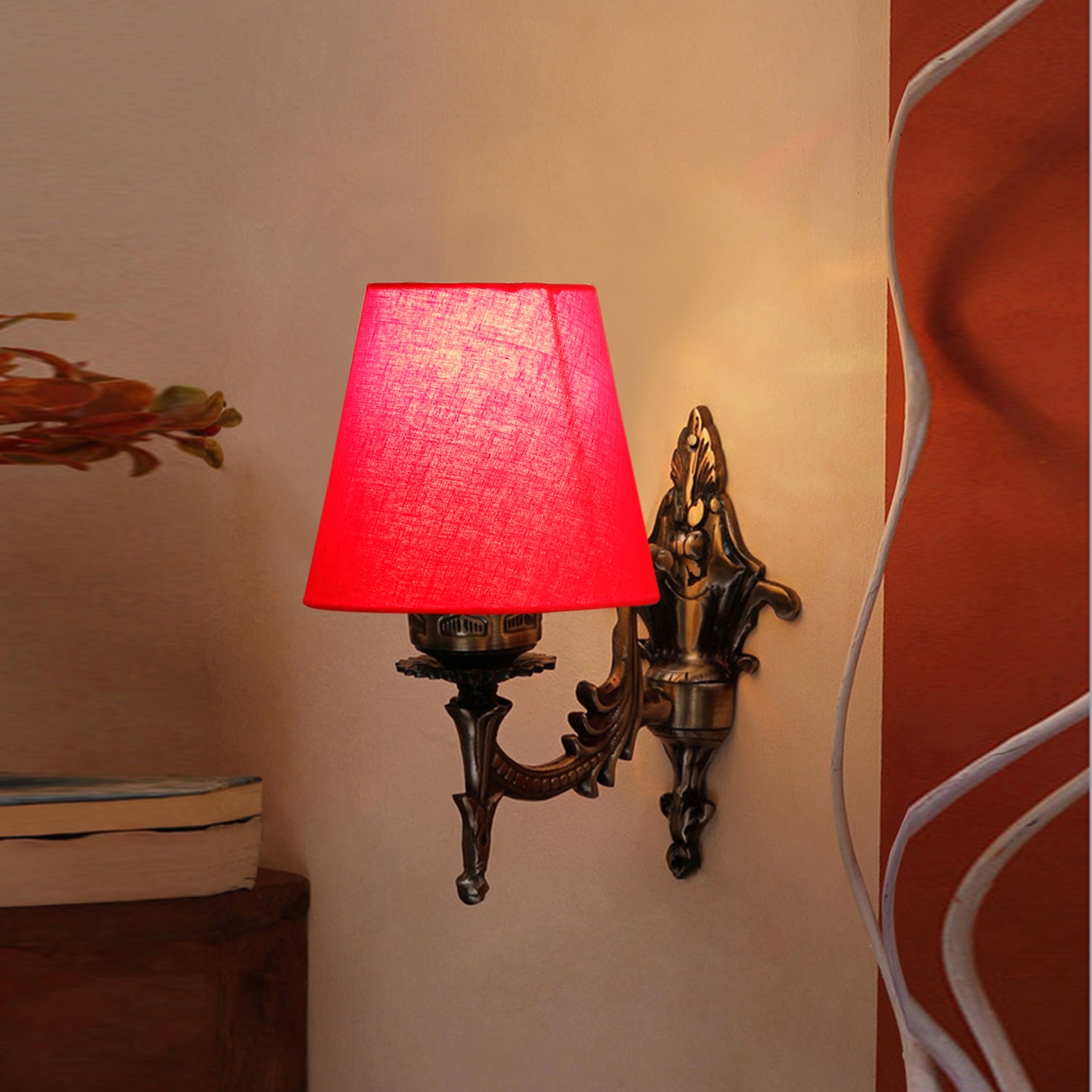 Devansh Metal Electric Wall Light in Antique Gold Colour with Red Shade Count of 1 Light - Devansh