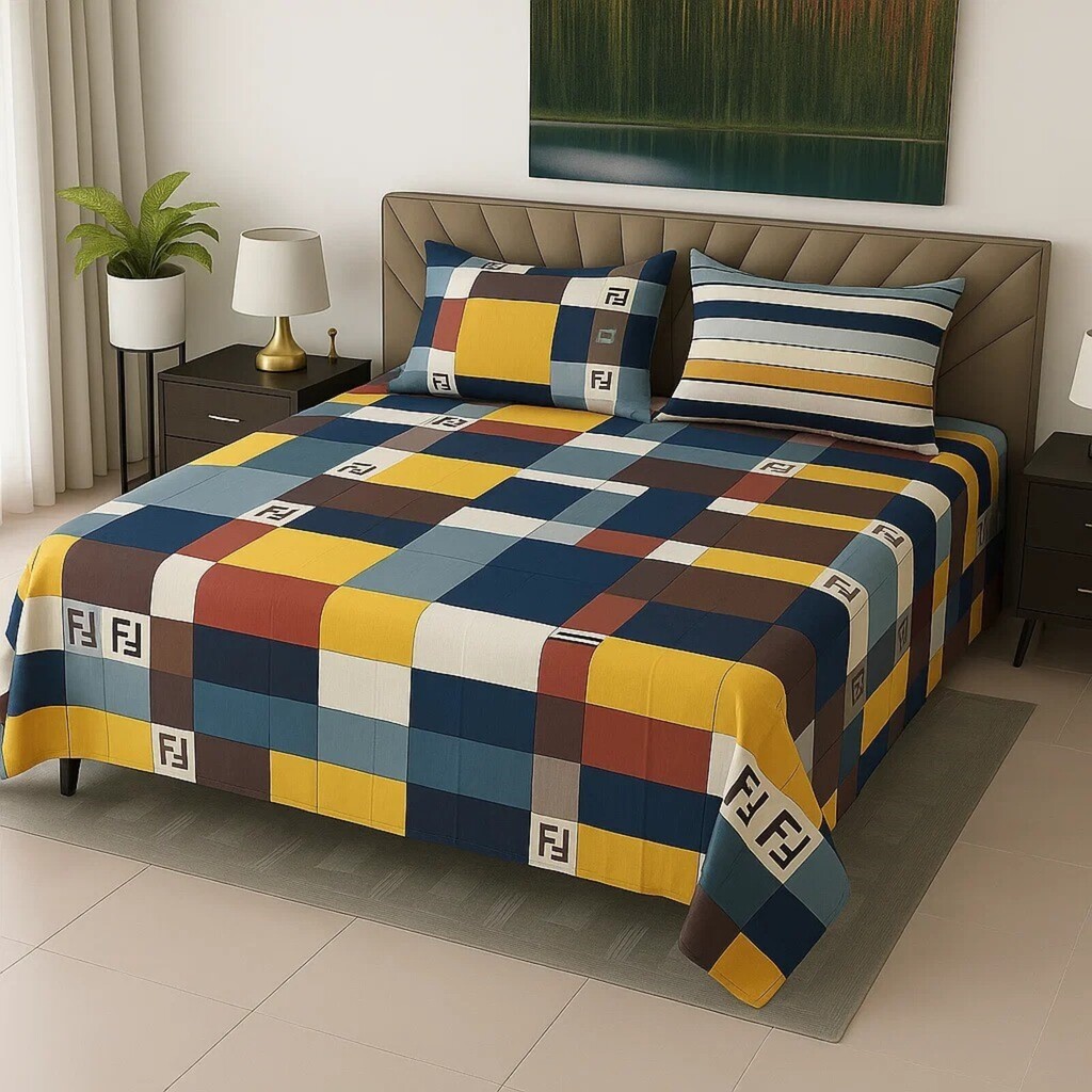 Blue & Yellow Shade Geometric 400 TC Cotton Flat Super King Size Bedsheet With 2 Pilllow Covers