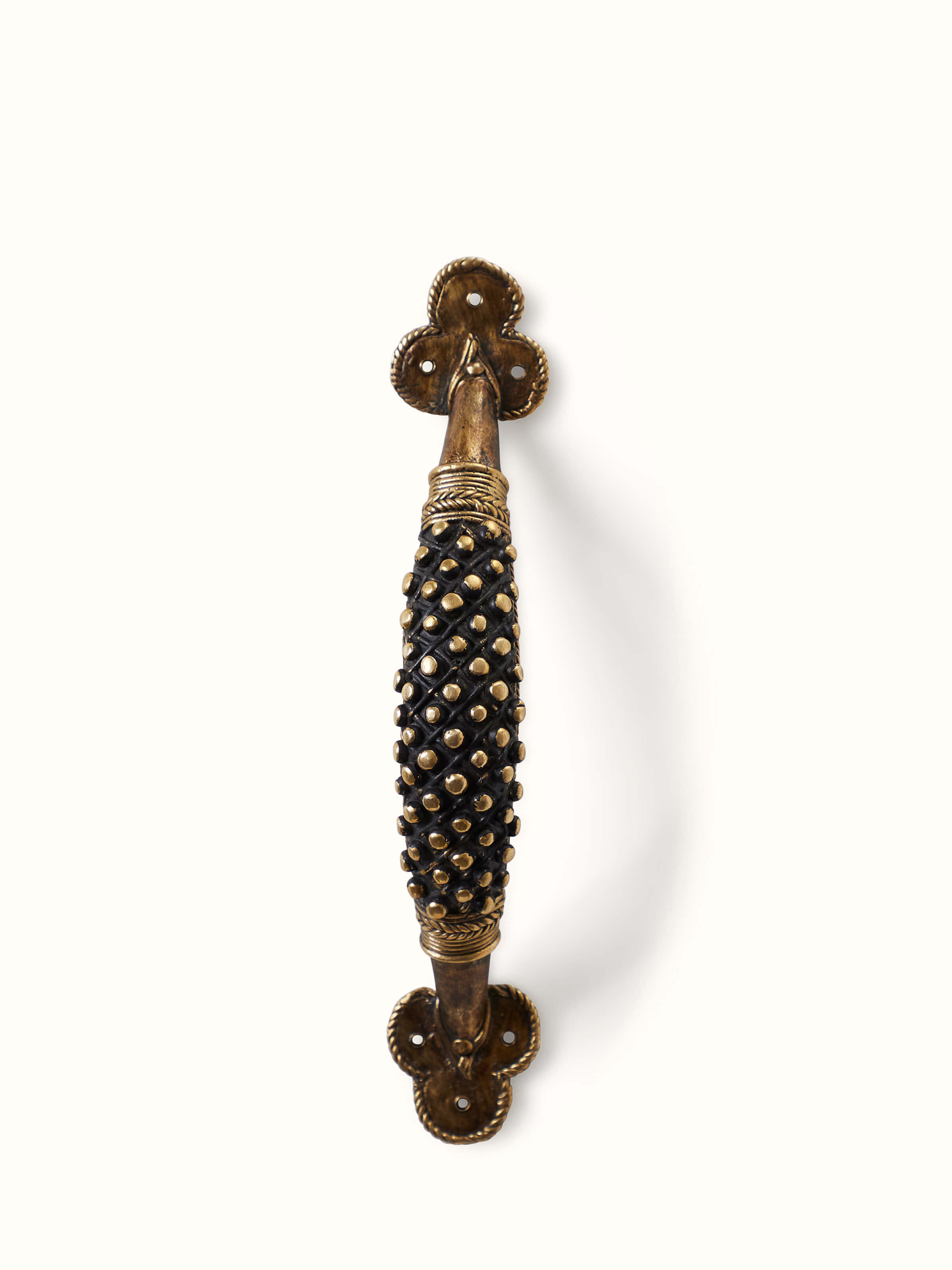 Front view of Dhokra Brass Small Balls Door Handle featuring intricate brass detailing and unique design
