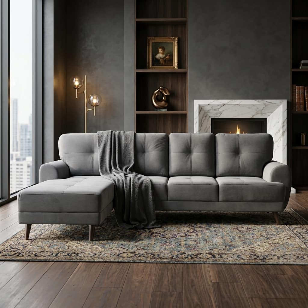 Riga 5 Seater Velvet Fabric Right Hand Side Lounger in Dark Grey