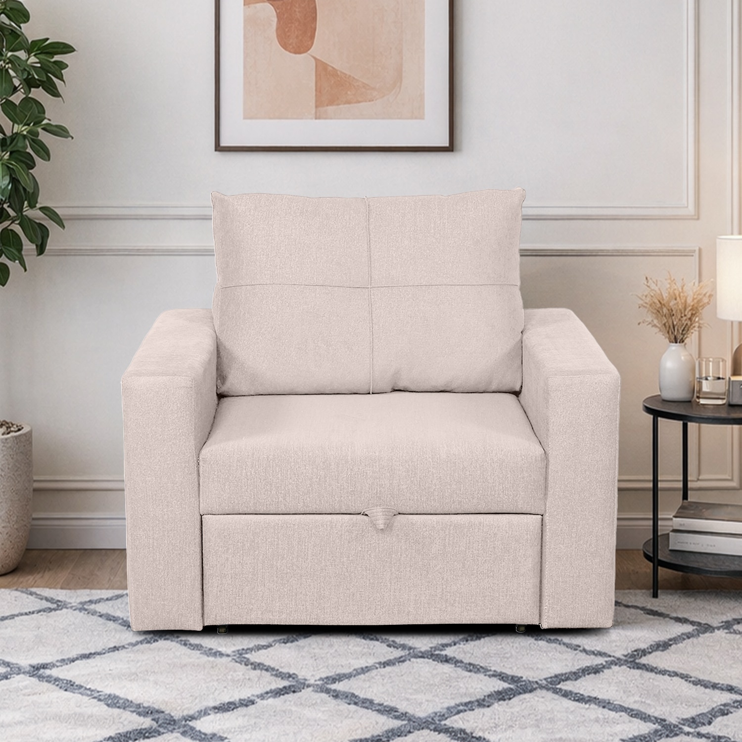 Bella One  Seater Pull Out  Fabric Sofa Cum Bed Cream - Home Lifestylez