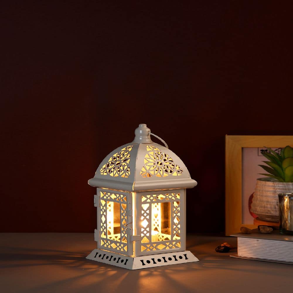 White Metal Lantern with Floral Cutouts