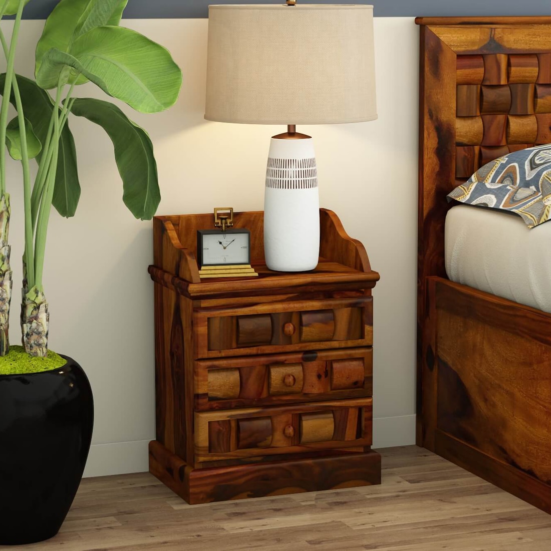Woodway Solid Wood Bedside Table in Honey Finish