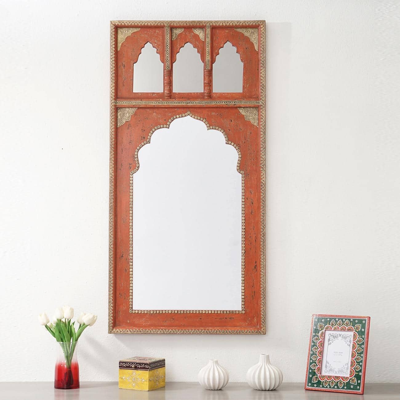 Cole Wood Carved Mirror Frame in Distressed Red