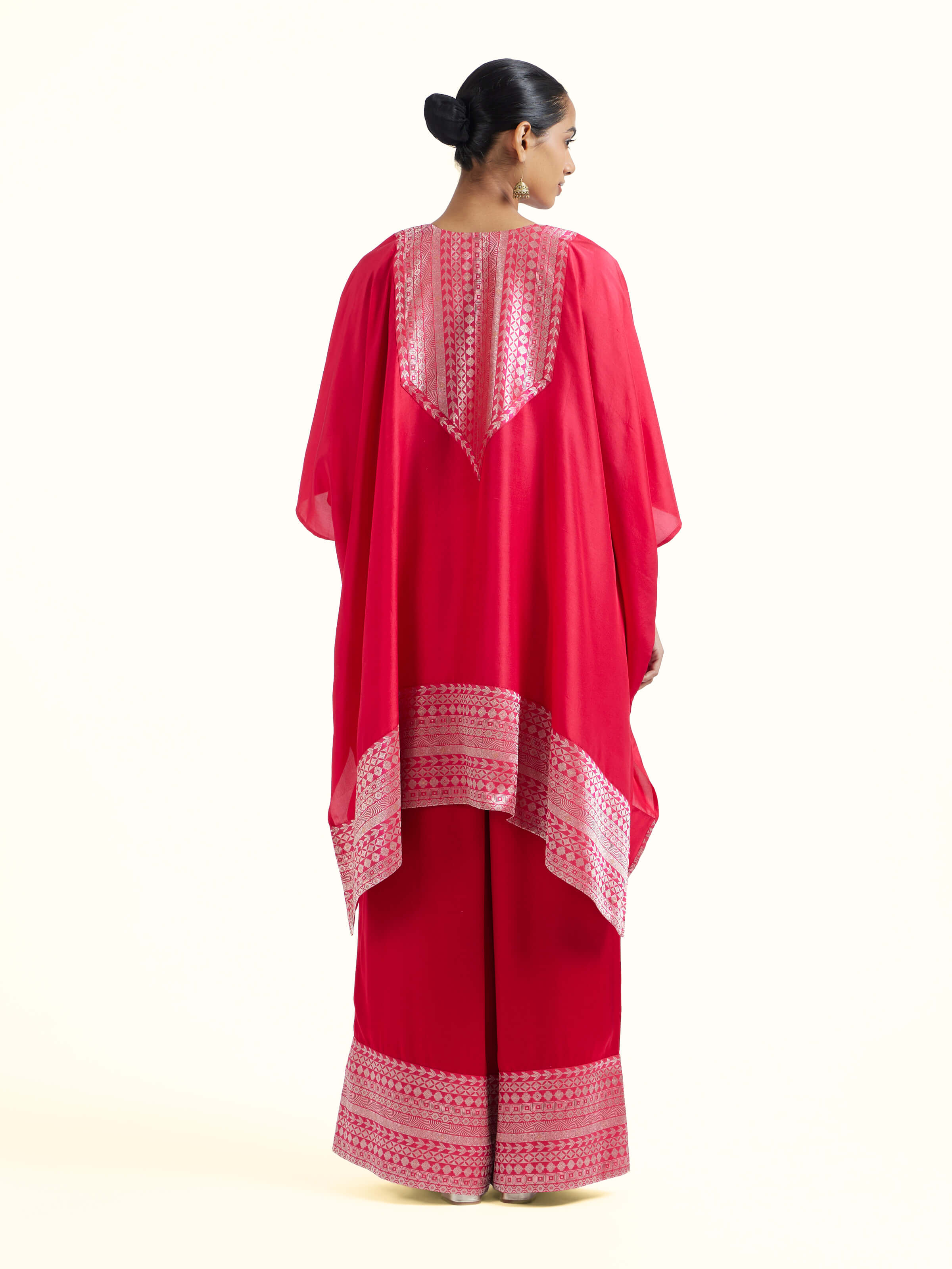 Back view of red silk Banarasi co-ord set displaying overall design