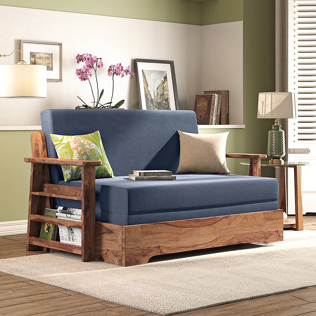 Mahim Compact 3 Seater Sofa cum Bed in Lapis Blue Colour With Storage