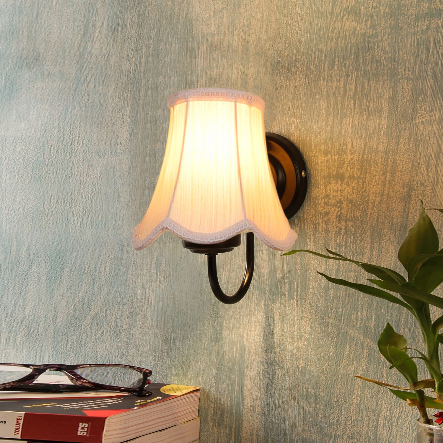 Devansh Black Wall Mounted Lamp With Off-White Cotton Shade