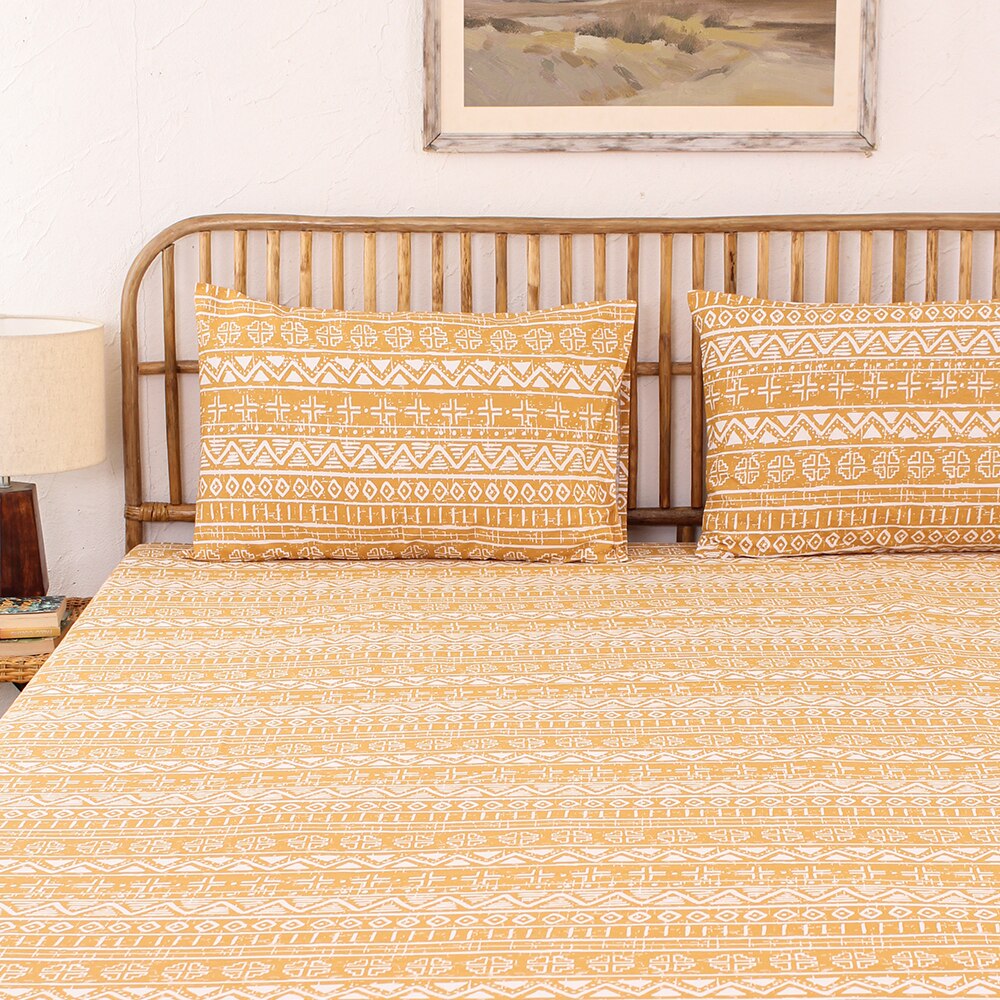 Kullu Patti 1 Double Bed Sheet & 2 Pillow Covers + 1 Double Duvet Cover with Yellow colour