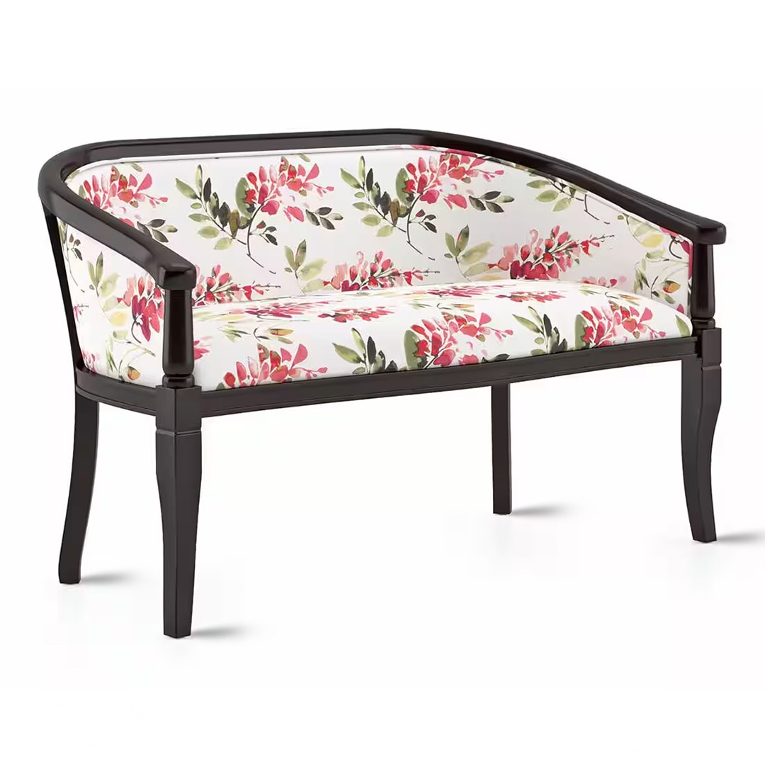 Florence Loveseat 2 Seater In Mahogany Finish With Caramine Cassia Red Floral Print Colour