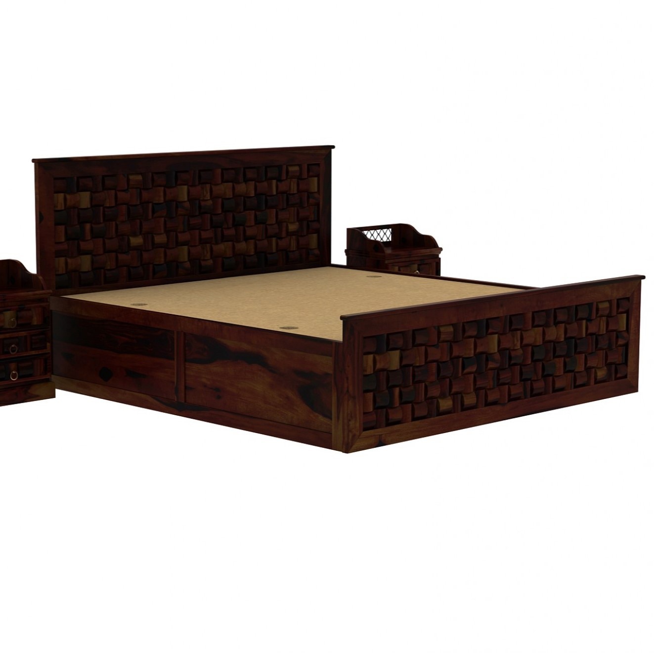 Moglis Solid Wood King  Size Bed With Box Storage Bed Walnut In Finish