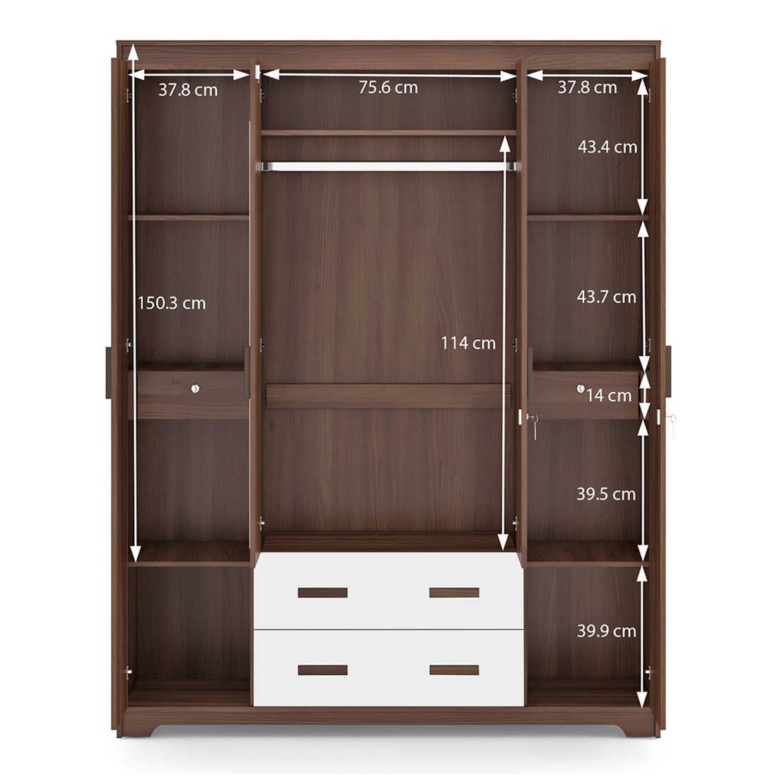 Miller 4 Doors 2 Drawers Wardrobe With Mirror and Lock in Two Tone Finish