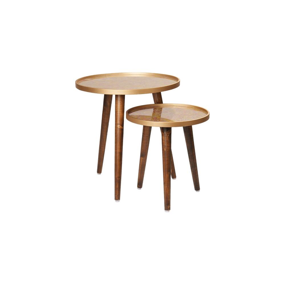 Peach and Gold Floral Round Nesting Tables with Wooden Legs, Side Tables, Wooden Tables, Living Room Decor by A Tiny Mistake
