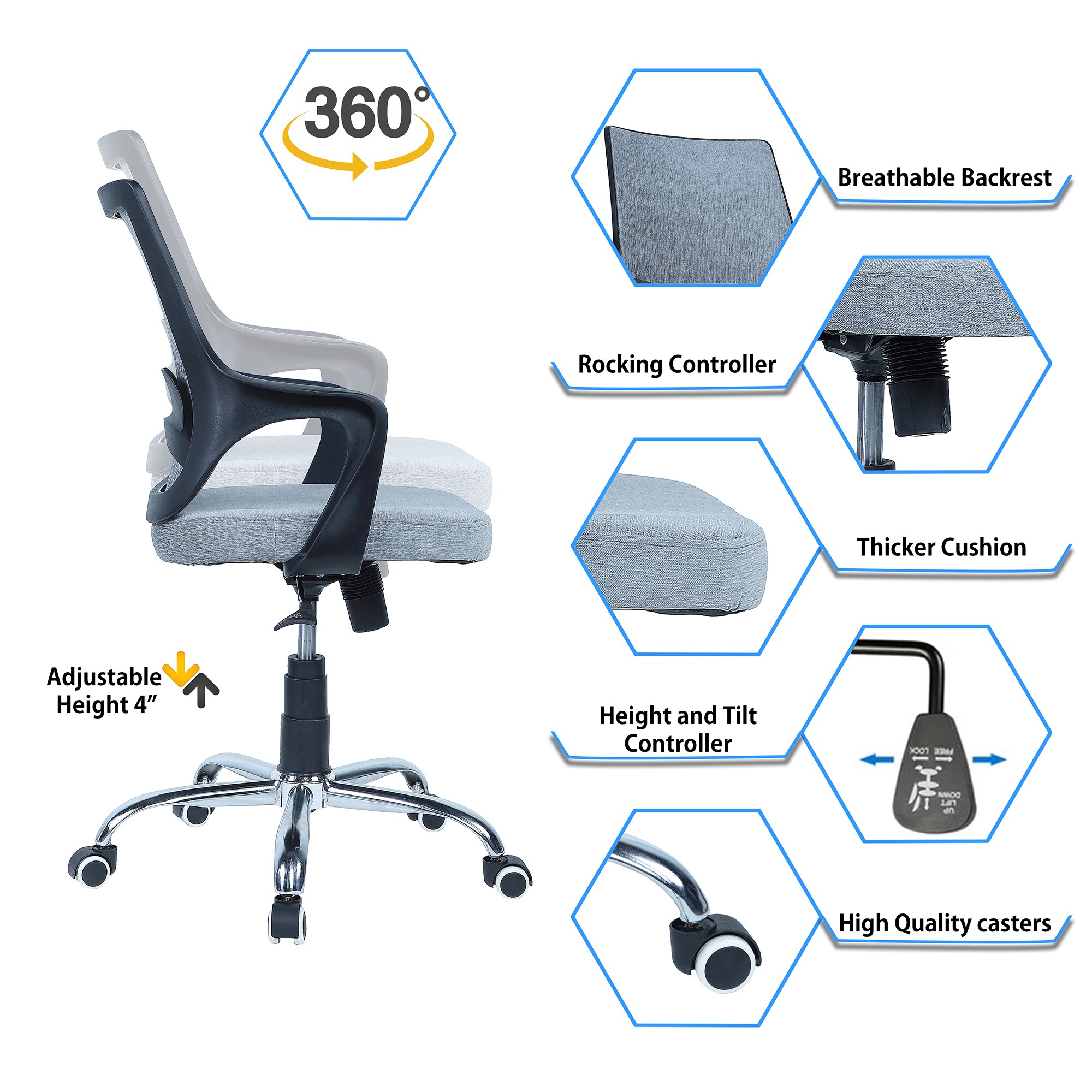 Innsightt Mid Back Ergonomic Chair in Grey Colour