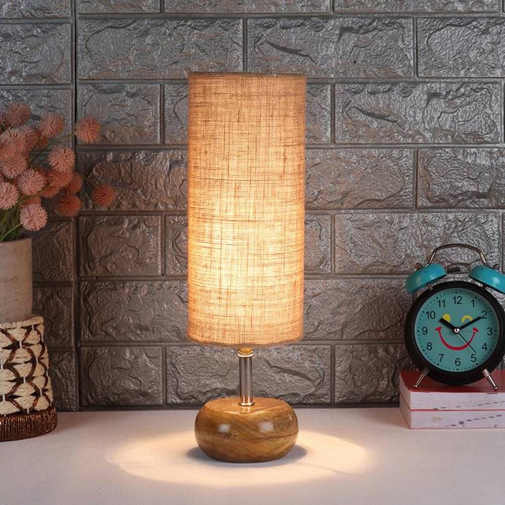 Naomi Beige Natural Fiber Shade Table Lamp with Natural Wooden Base
