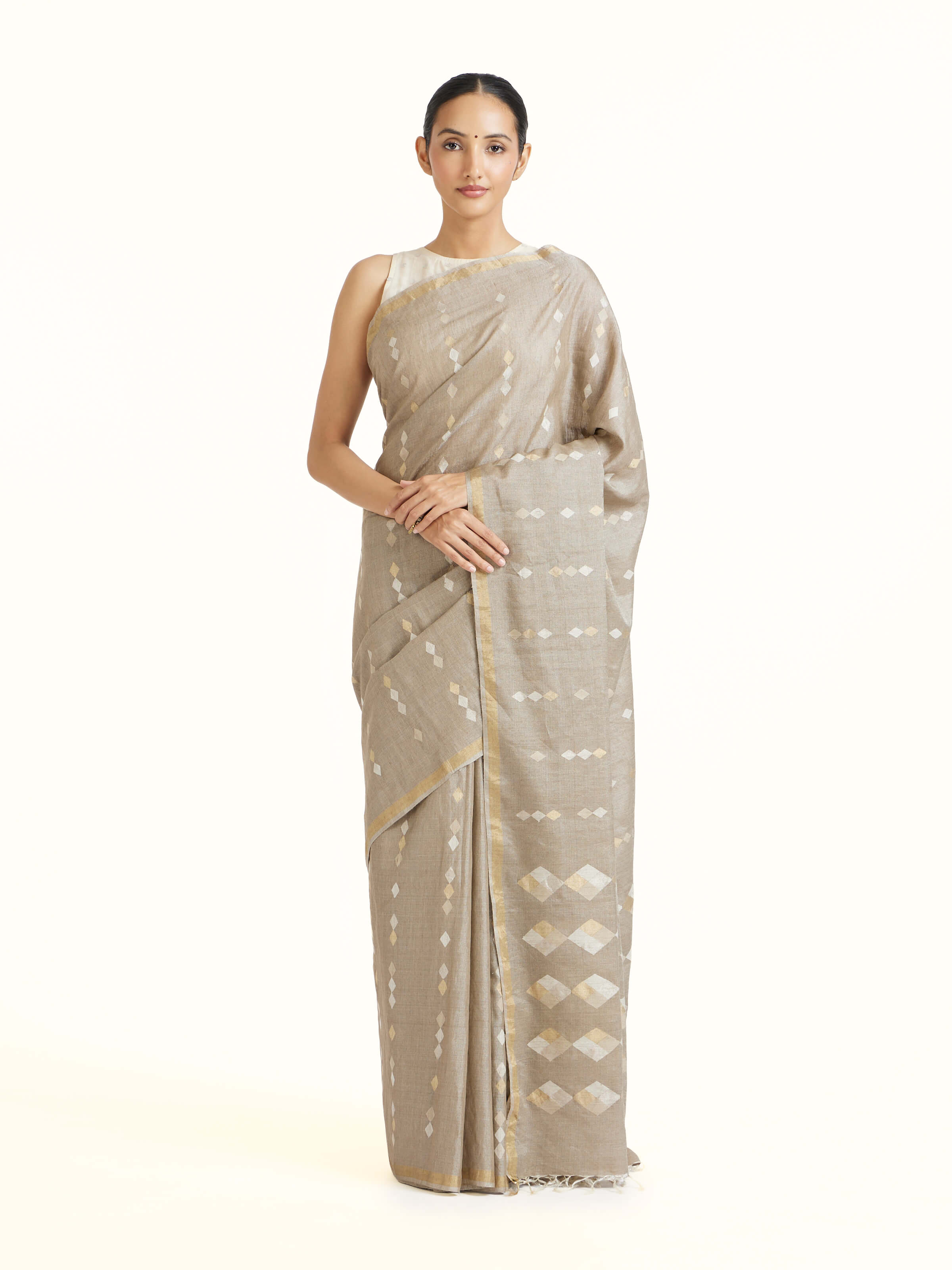 Light Grey Tussar Silk Saree