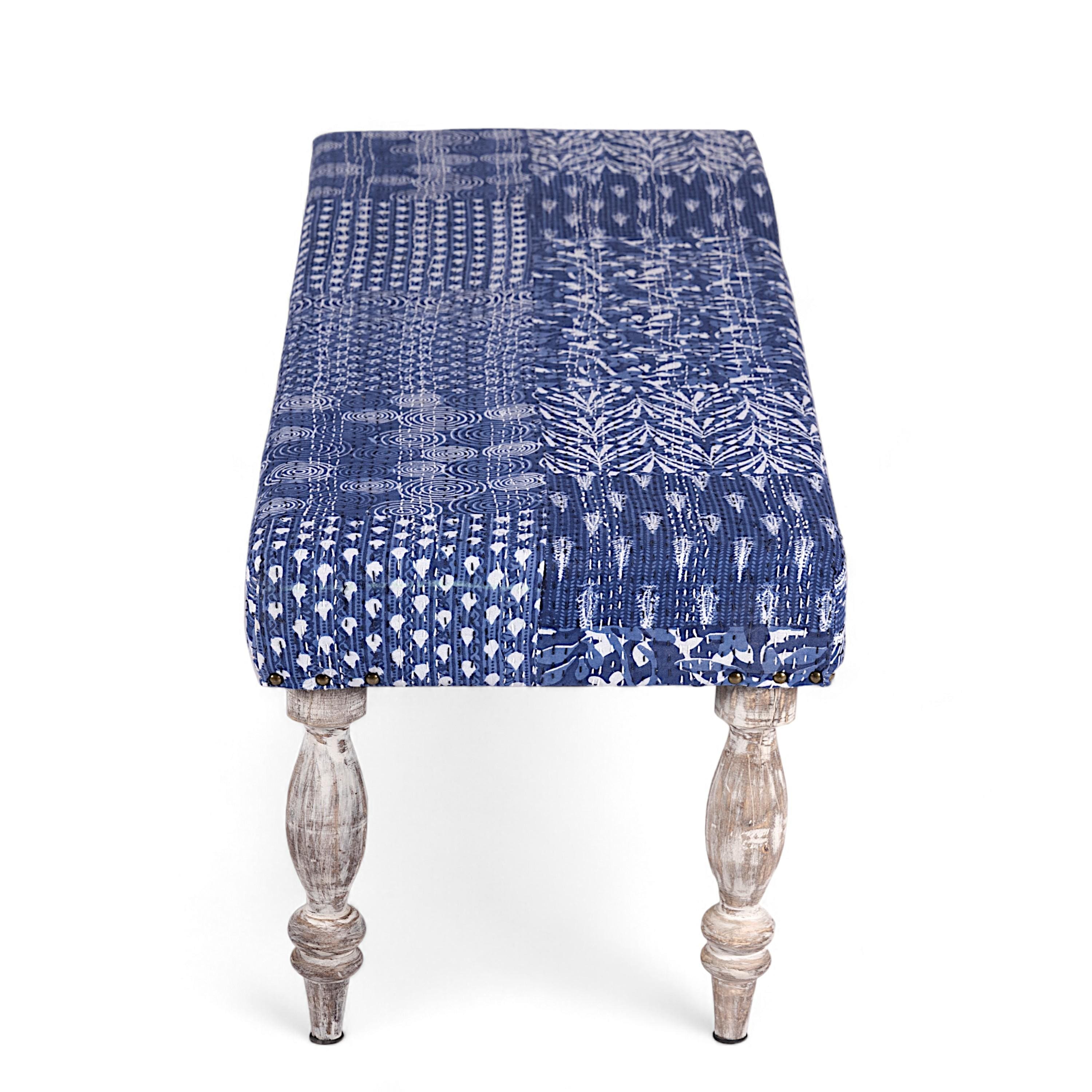 Cairo Sheesham Wood Mid Century 3+1+1 Seater Bench Set With 2 Stools In Indigo Patchwork Kantha