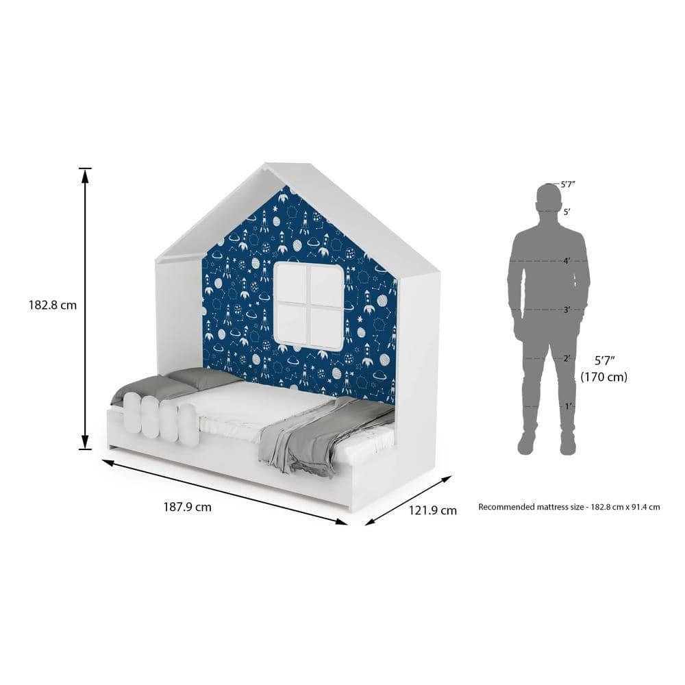 Little Hut Engineered Wood Bed in Blue Colour
