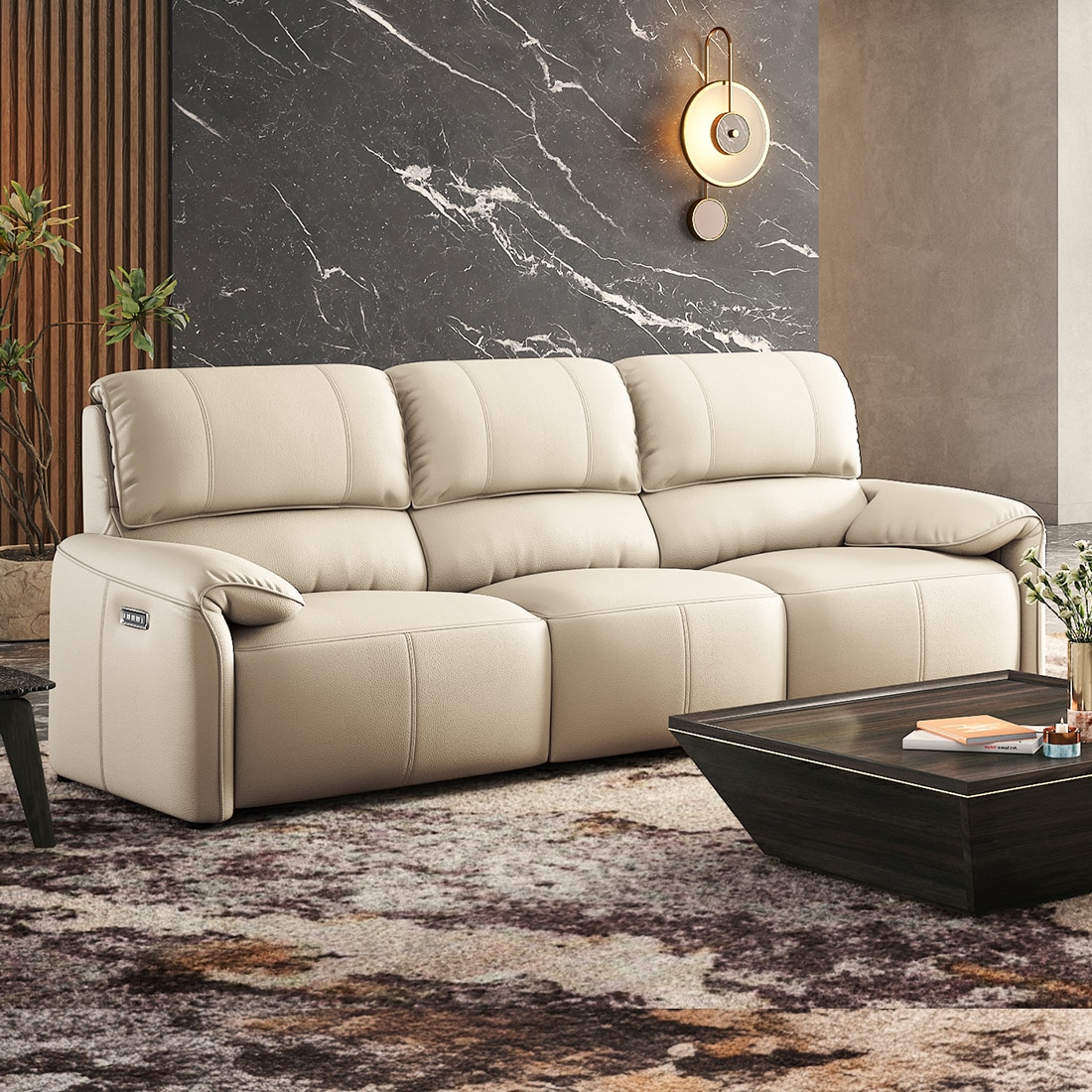Leeroy Three Seater Leather Recliner Sofa in Oyster White Colour