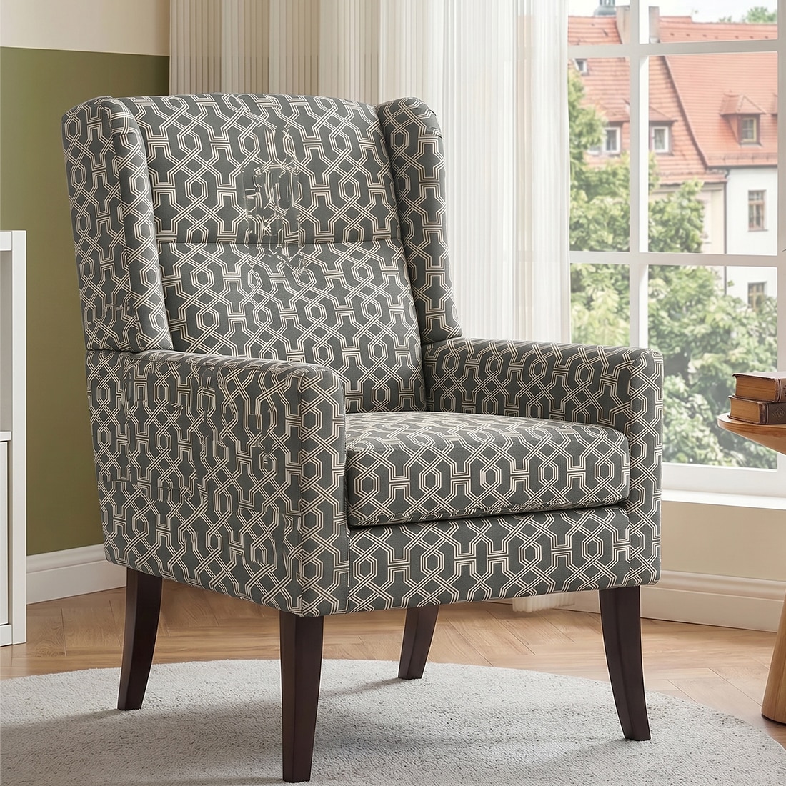 Joan Printed Infinity Grid Fabric Wing Chair in Green Colour - KURSIWALLAH
