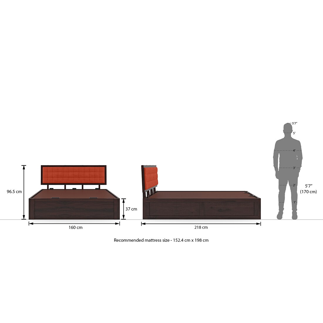 Florence Queen Size Solid Wood Hydraulic Storage Bed In Mahogany Finish & Lava Colour